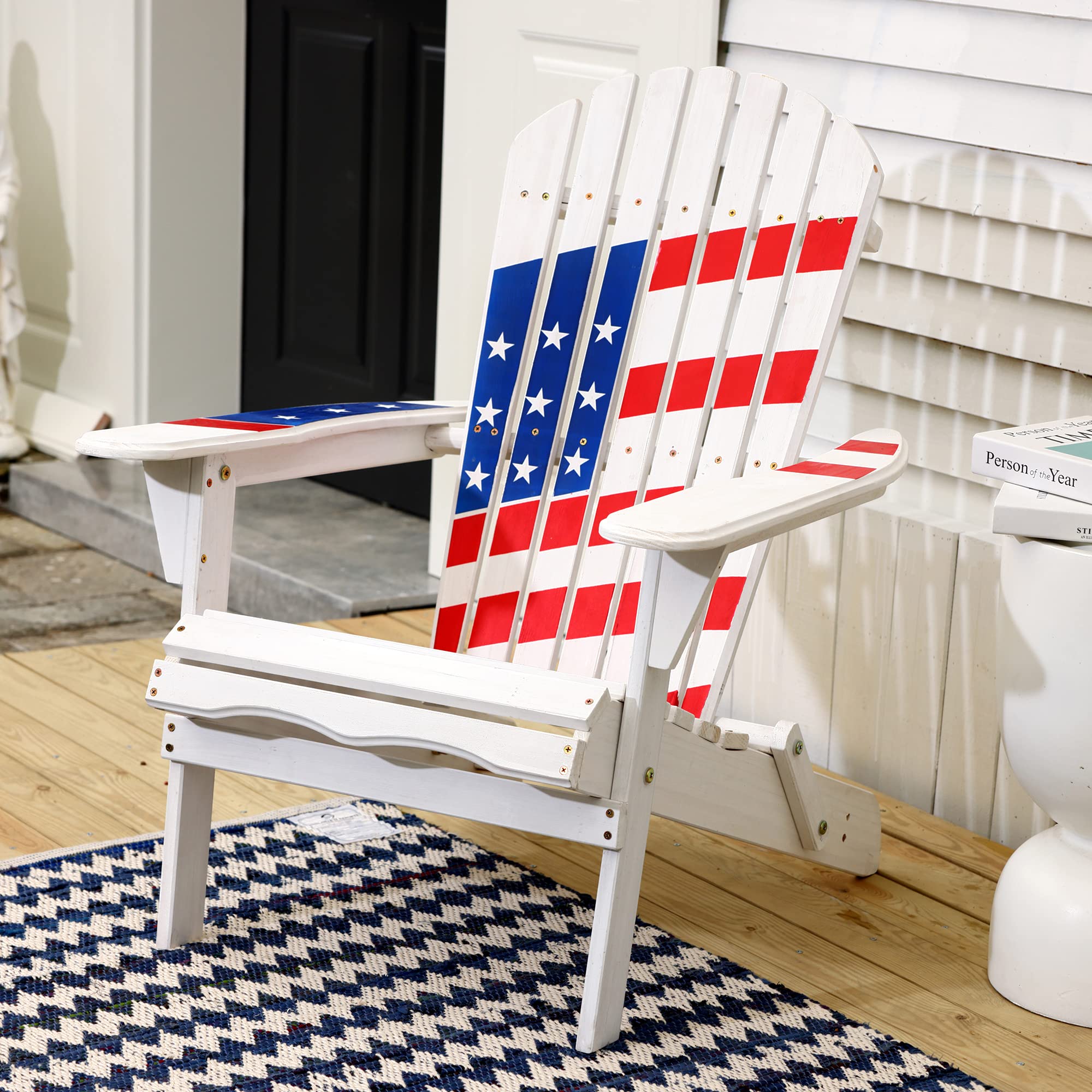 LuxenHome Folding Adirondack Chair - Patriotic Stars & Stripes Design, Oversized Fire Pit Lounge Chair for Outdoor, Patio, Garden & Backyard - Durable Fir Wood Construction - Perfect for Camping, BBQs & Relaxing in Your Yard