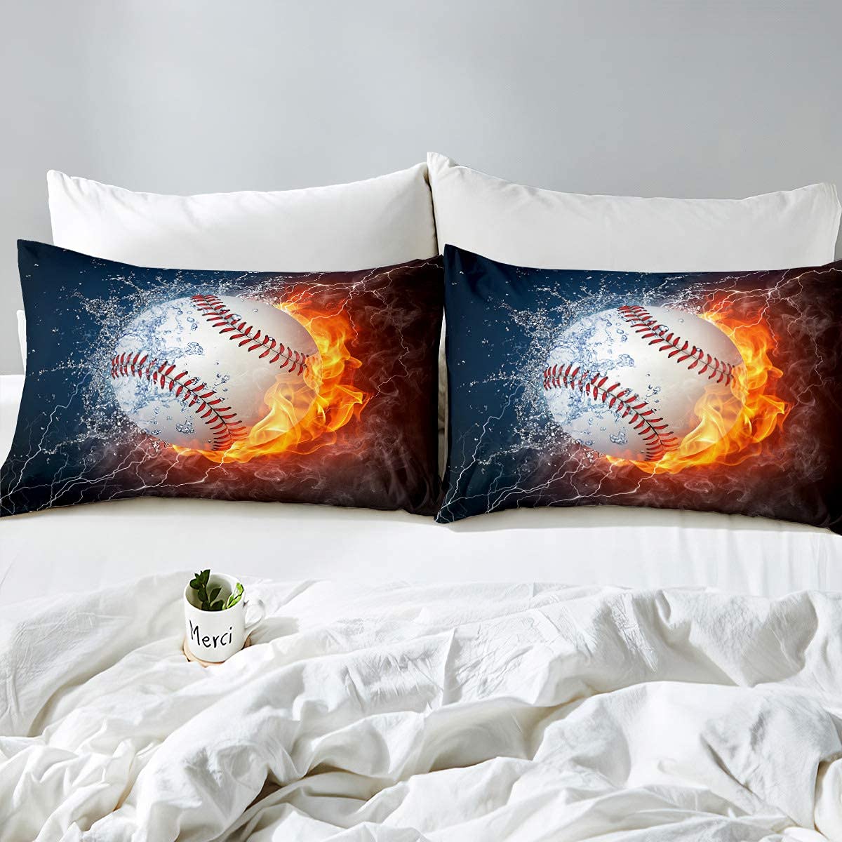 Sports Themed Baseball Bedding Set - Ice & Fire Pattern Microfiber Fitted Sheet with Pillowcase for Twin XL - Soft & Deep Pocket Sheets for Kids, Teens, Boys & Girls - Perfect for Baseball Fans' Bedrooms & Dorm Rooms