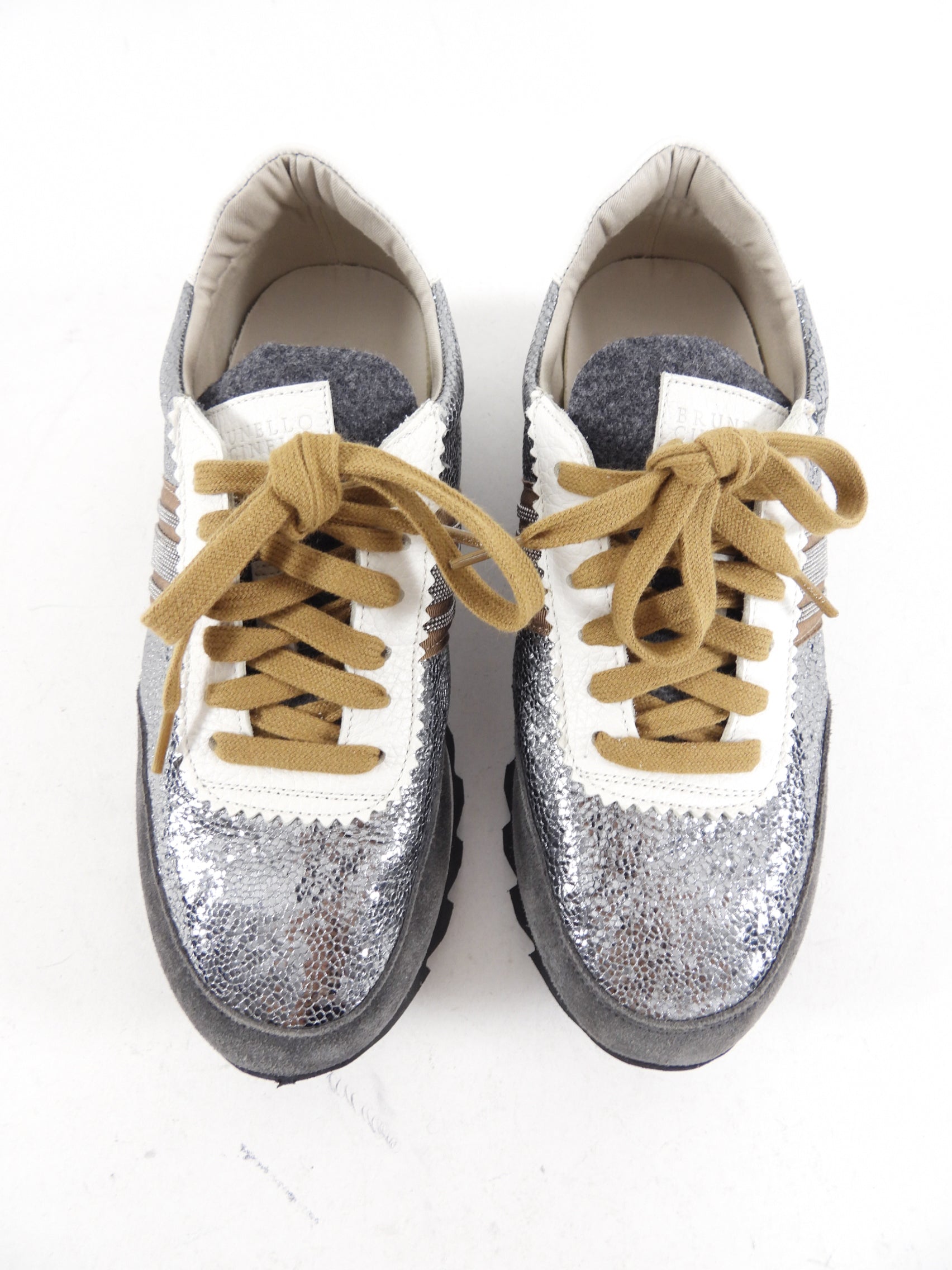 Brunello Cucinelli Pewter Shimmer Monili Sneakers Women's Size 37 | Luxury Italian Leather Fashion Shoes for Casual Wear & Everyday Comfort