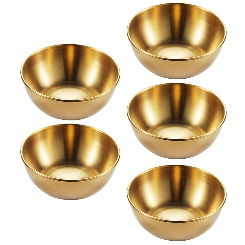 Premium Stainless Steel 5-Piece Golden Sauce Dipping Plates Set - 4 Grid Seasoning Saucer for Kids Snacks, Soy Sauce, Ketchup & Condiments | Perfect for Home, Korean BBQ, Hot Pot & Party Appetizers