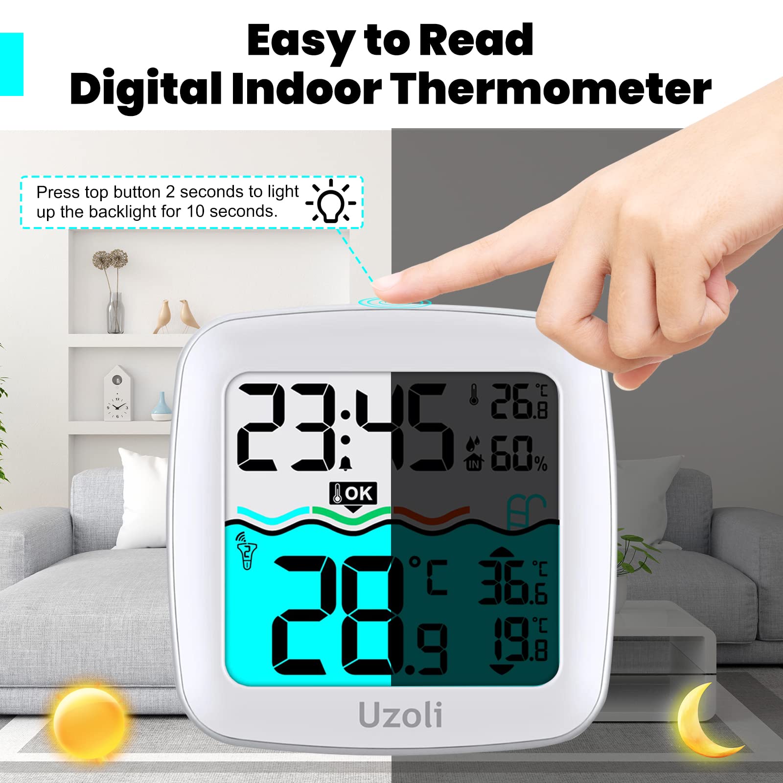 **Uzoli Wireless Floating Pool Thermometer - Easy Read Digital Thermometer with Indoor/Outdoor Temperature & Humidity Monitor for Swimming Pools, Hot Tubs, Ponds, Baths & Spas - Perfect for Home, Backyard & Spa Relaxation**