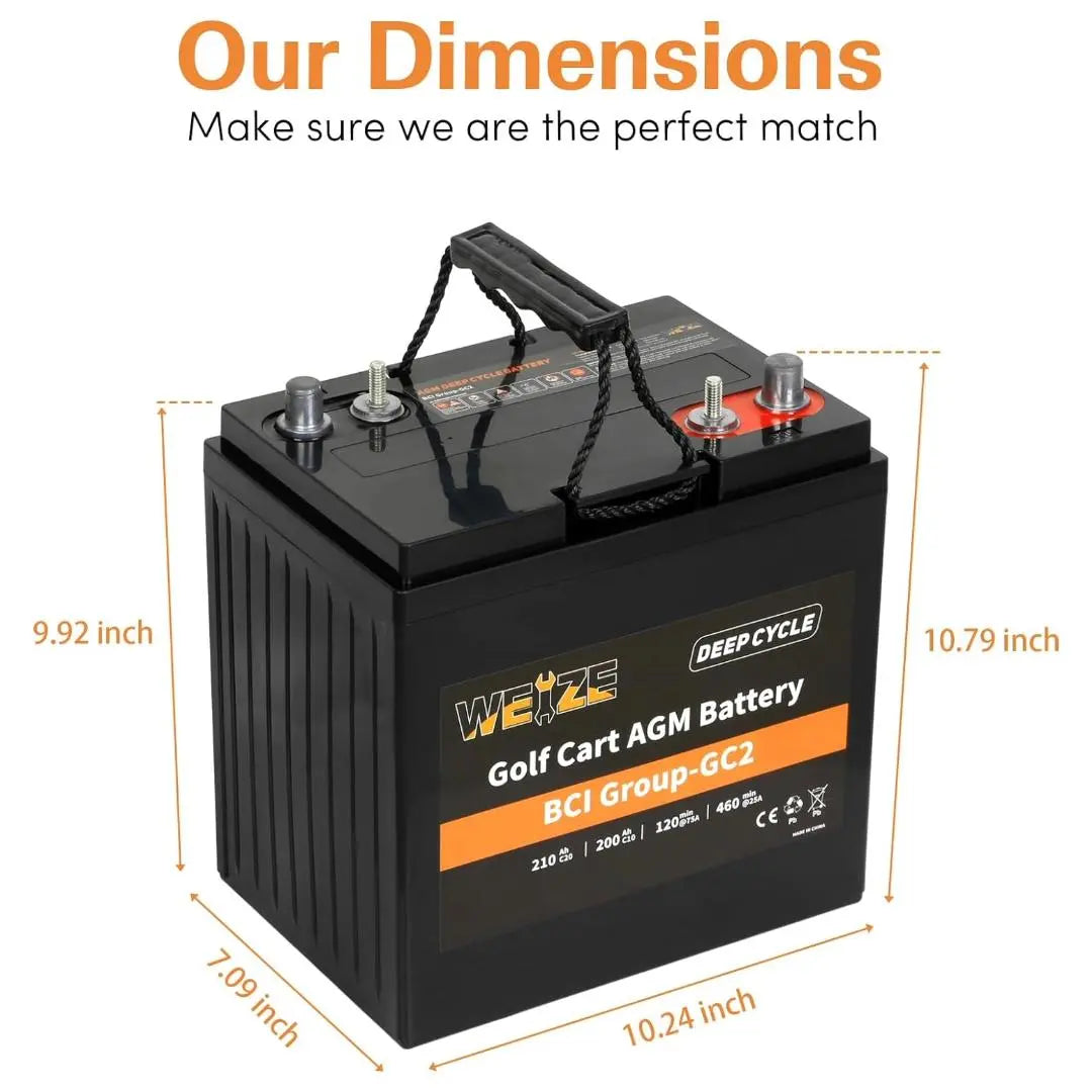 WEIZE 6V 210Ah AGM Deep Cycle Battery - BCI Group GC2 Golf Cart Battery for Golf Carts, RVs, Solar Systems & Marine Applications
