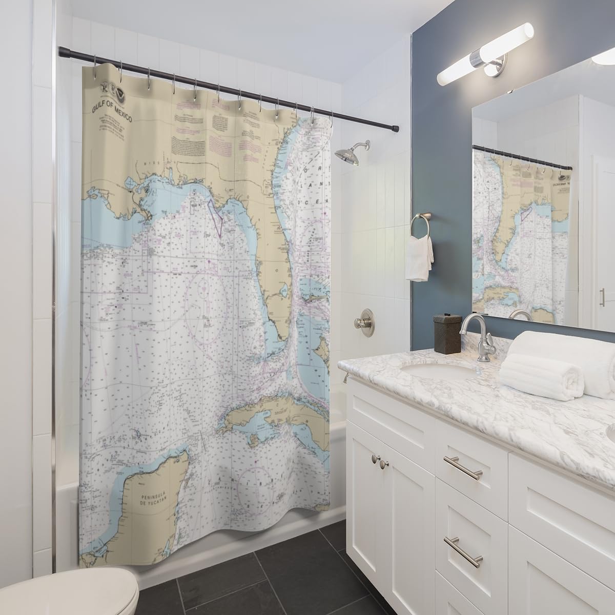 Gulf of Mexico Nautical Chart Shower Curtain - 71x74 Inches Waterproof Bathroom Decor - Perfect for Coastal, Beach House & Nautical Theme Bathrooms