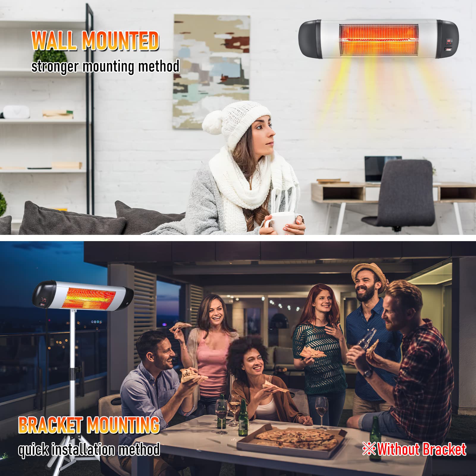 1500W Electric Patio Heater with Remote Control - 3 Heat Levels & 24H Timer - Wall Mounted Indoor/Outdoor Heater - IP34 Weatherproof - Perfect for Garage, Deck, and Backyard Use