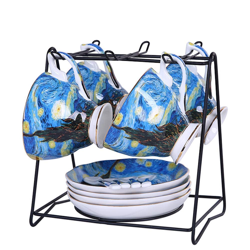 European Ceramic Coffee Cup Set - Creative Home Art Fan Bone China Coffee Cup with Dish & Spoon, Starry Night Design, 4-Piece Set - Perfect for Home, Office, and Gift Giving