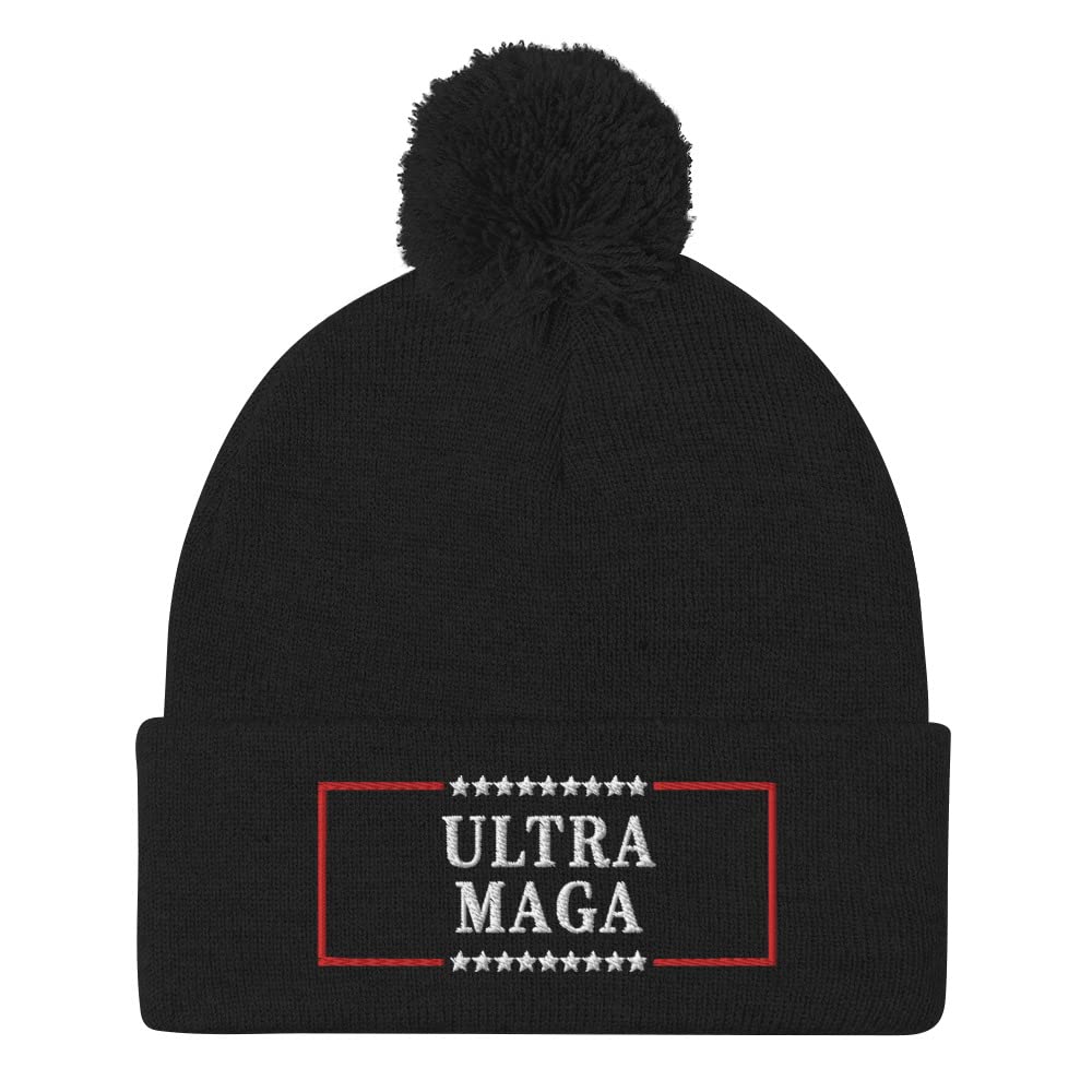 Hogue WS LLC Ultra MAGA Hat - Embroidered Pom-Pom Beanie for Men & Women - Patriotic Winter Knit Cap for Political Supporters & Outdoor Activities