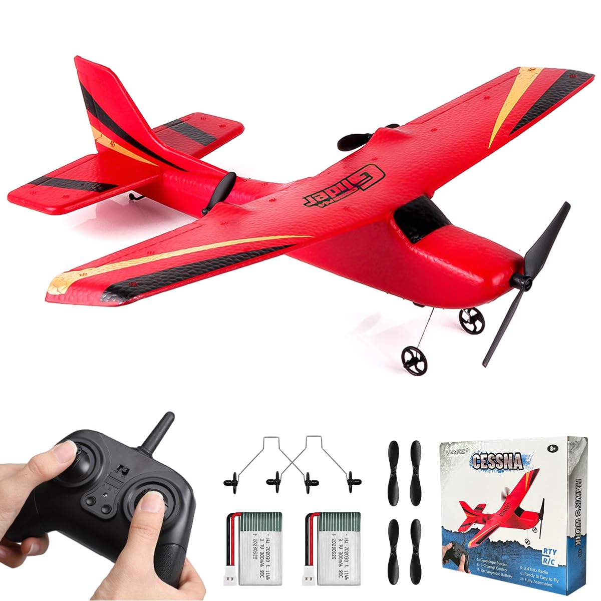**HAWK'S WORK 2-Channel RC Airplane - Ready to Fly Remote Control Plane, 2.4GHz Easy-to-Fly Glider for Kids & Beginners (Red) - Perfect for Outdoor Play, Backyard Flying & Beginner Pilot Training**