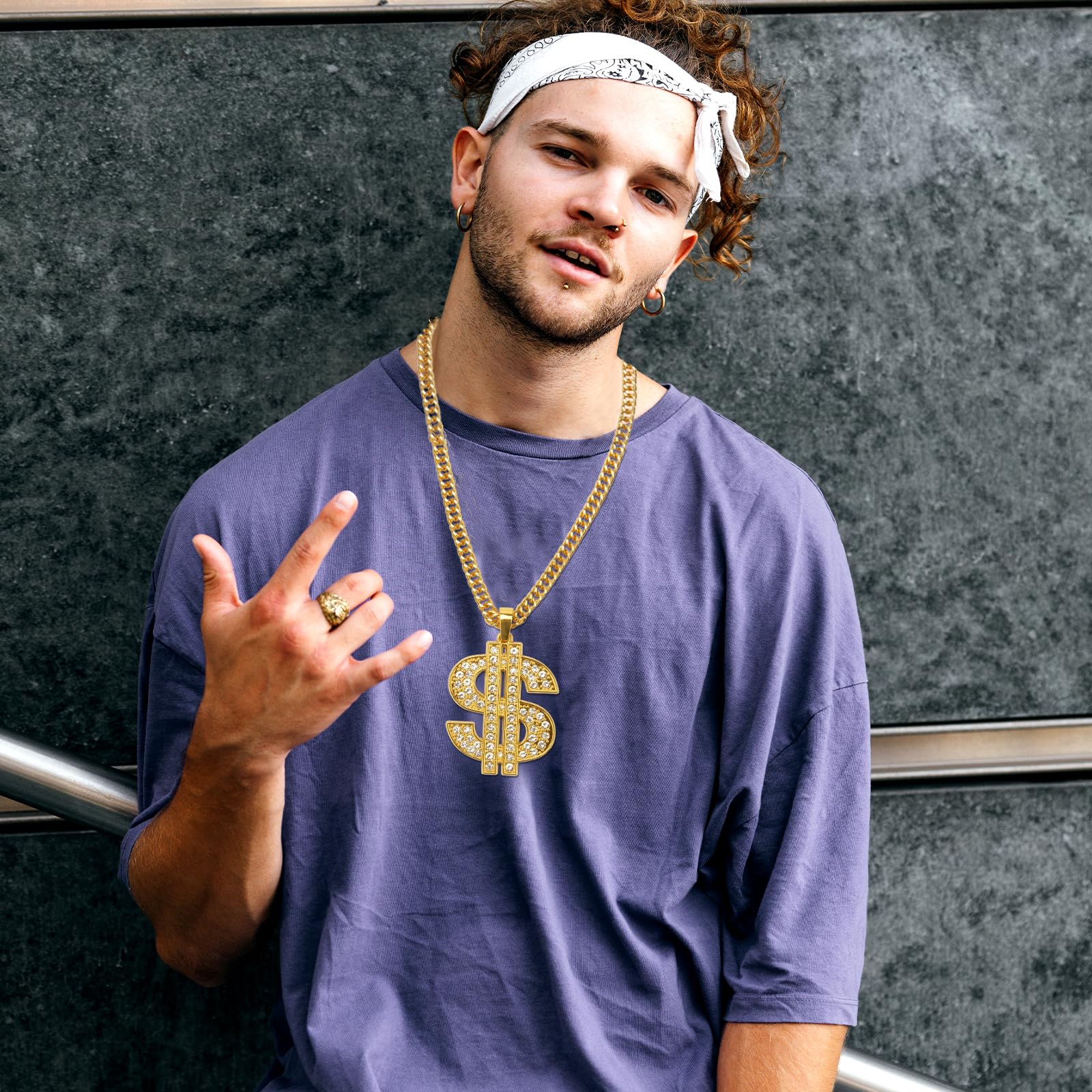 AHIER 18K Gold Plated Dollar Sign Hip Hop Chain Necklace for Men - 30 Inch Rotatable Lion Head Pendant | Perfect for Streetwear, Rap Performances & Gift Giving