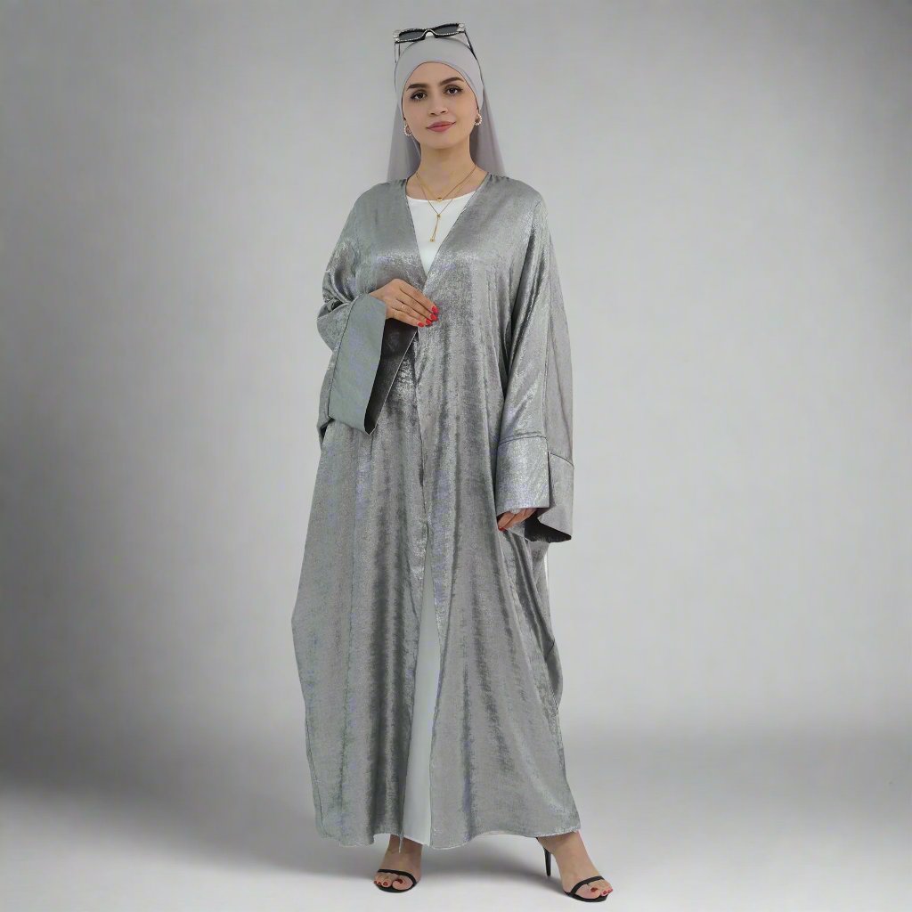 Celine Shimmer Kimono Open Abaya - Elegant Silver Muslim Abaya Dress for Women | Perfect for Prayer, Special Occasions & Evening Wear
