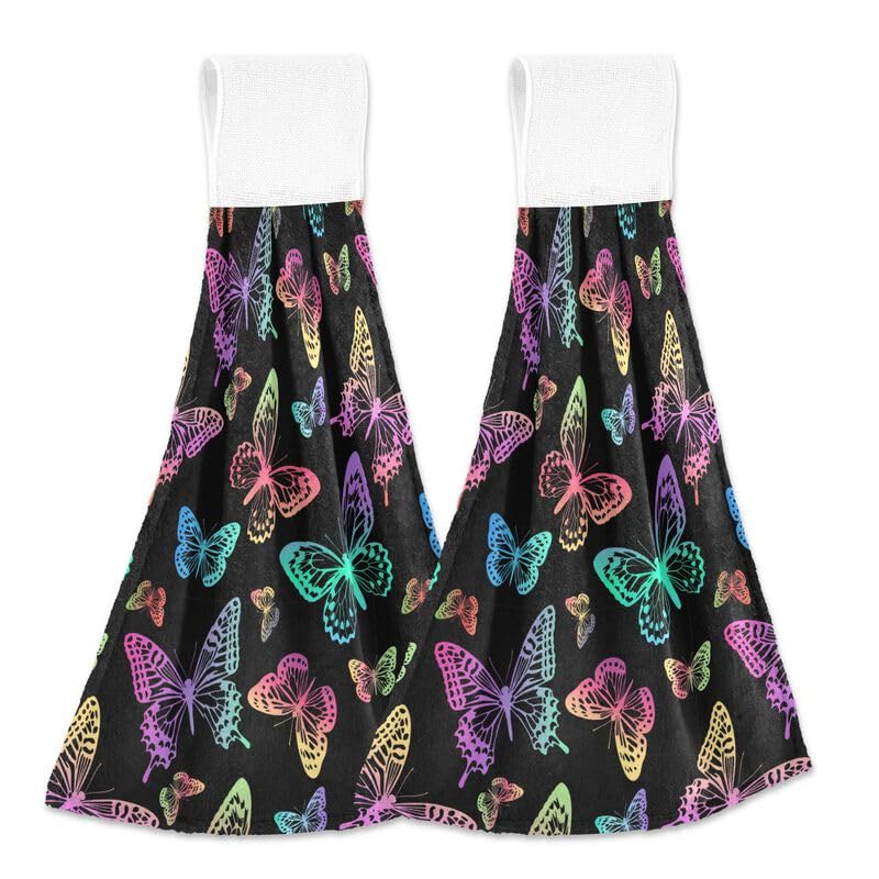 Colorful Rainbow Butterflies Hanging Kitchen Towels - 2PCS Absorbent Dish Cloths with Loops for Oven, Stove & Bathroom - Decorative Hand Towels for Home & Kitchen Use | Perfect for Cooking, Cleaning & Bathroom Decor