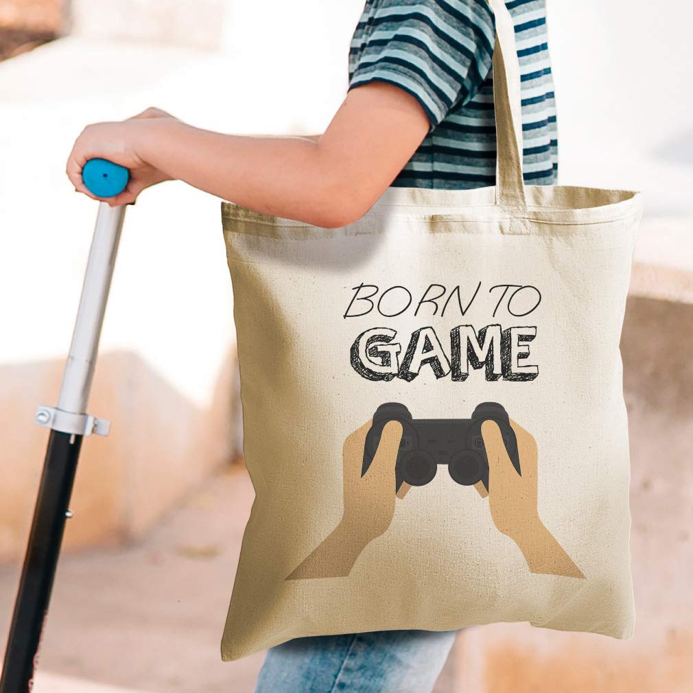 Custom Canvas Tote Bag - Reusable Eco-Friendly Shopping Bag for Sports, Hobbies & Video Games | Born to Game Beach Tote for Kids with Natural Design | Perfect for Grocery Shopping, Beach Trips & Everyday Use