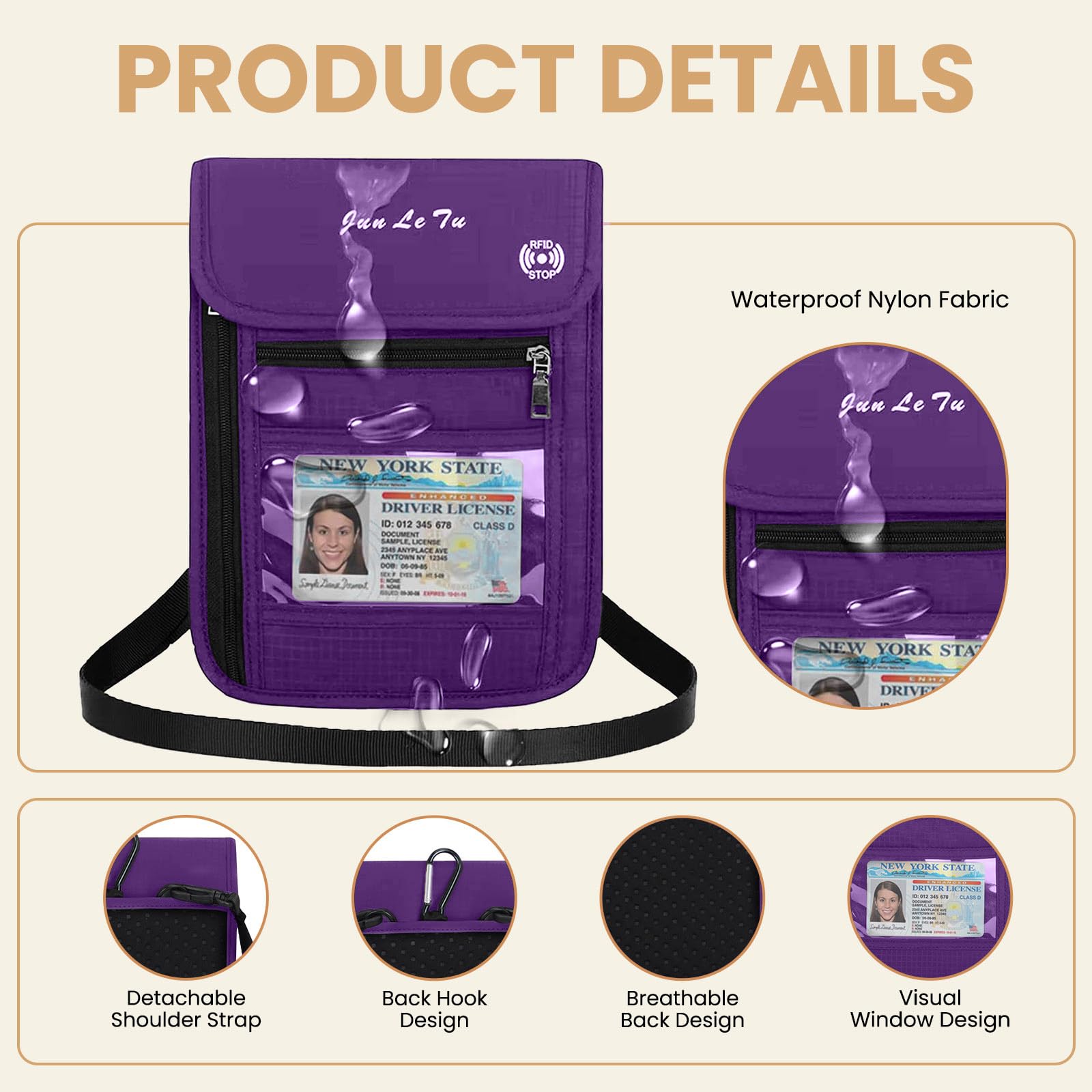 RFID Blocking Passport Holder with Clear Window - Waterproof Travel Wallet for Men & Women | Organize ID, Credit Cards & Travel Documents | Perfect for Airports, Vacations & Business Trips (Purple)