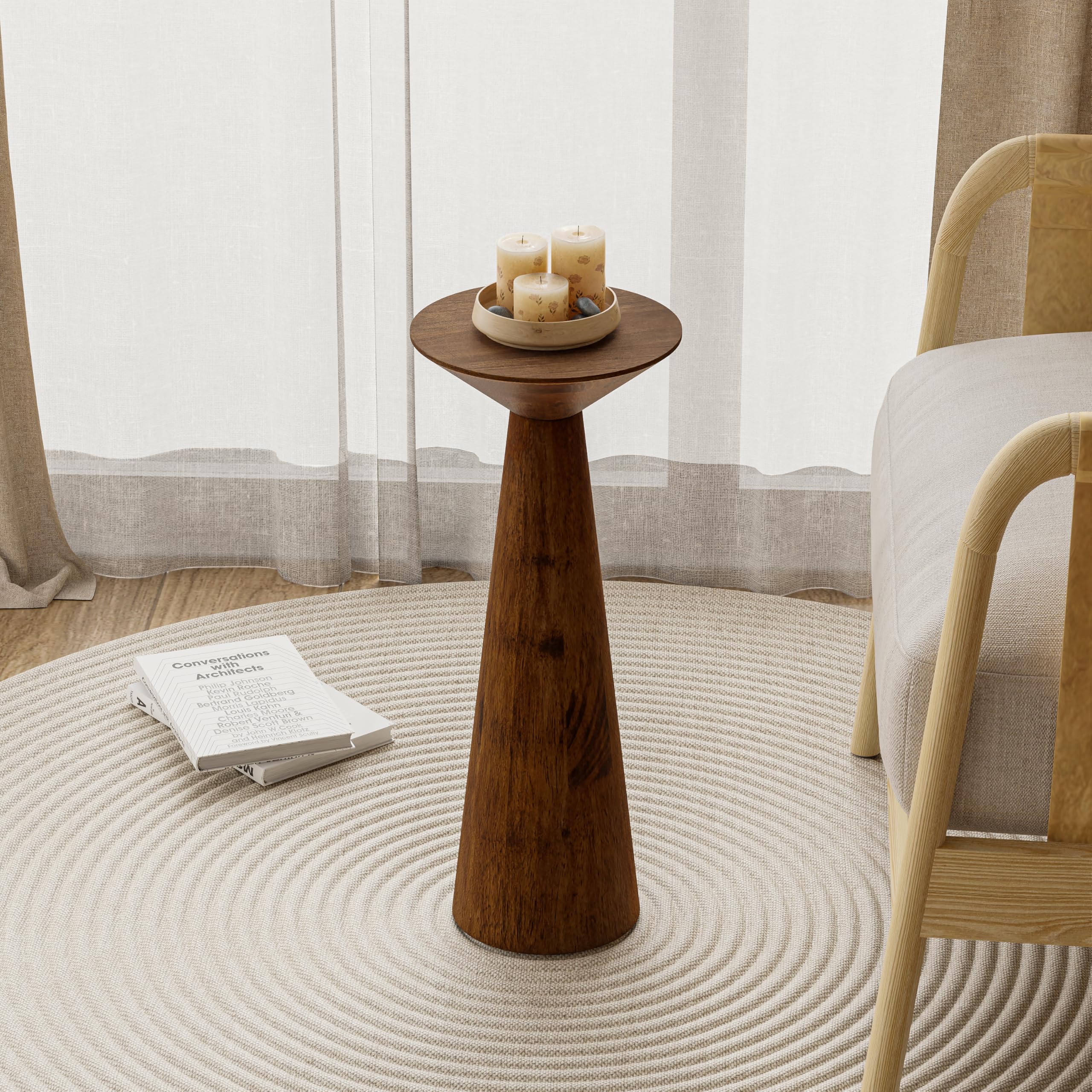 Farmhouse Tall Pedestal End Table - Solid Wood Martini Table, Modern Round Drink Stand for Small Spaces - Perfect for Living Room, Bedroom or Office - Walnut Finish