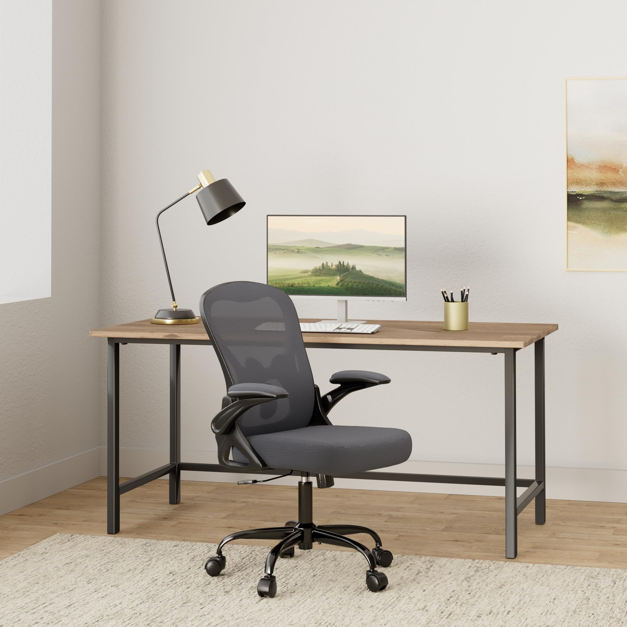 Ergonomic Mesh Office Chair with Adjustable Lumbar Support - Mid Back Swivel Task Chair with Breathable Mesh & Flip-Up Armrests - Comfortable Computer Desk Chair for Home Office, Gaming & Workspaces (Dark Gray)