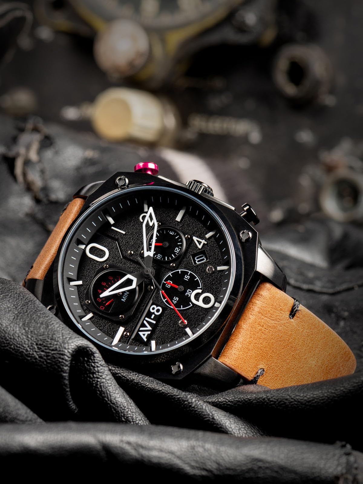 AVI-8 Men's 45mm Hawker Hunter Retrograde Chronograph Pilot Watch - Japanese Quartz Movement, Leather/Rubber/Stainless Steel Strap AV-4052 | Stylish Aviation Timepiece for Business, Casual & Outdoor Adventures
