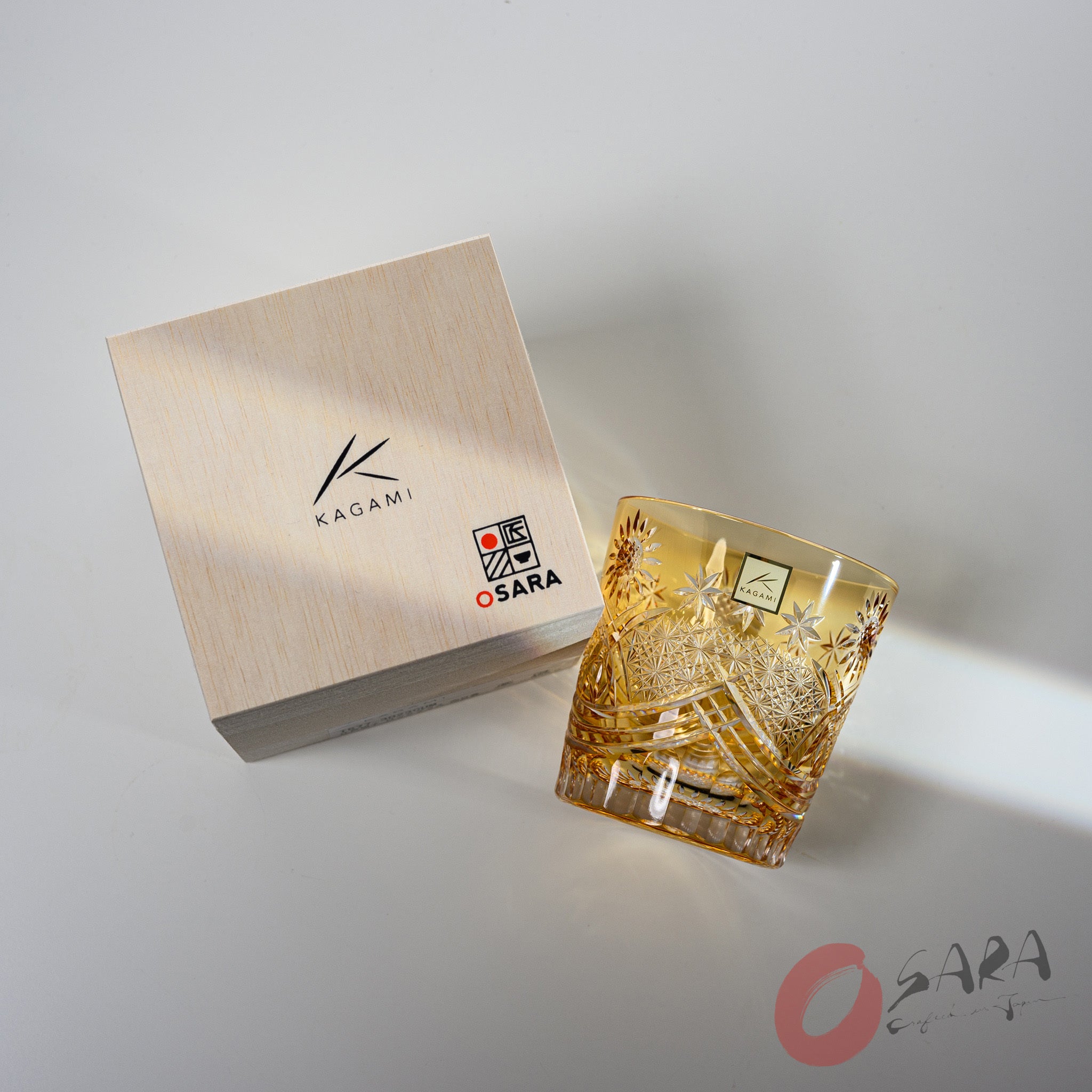 KAGAMI x OSARA Collaboration Crystal Rock Glass - Sunflower Design, Premium Whiskey Tumbler for Bourbon, Scotch & Cocktails - Elegant Barware for Home & Gifts