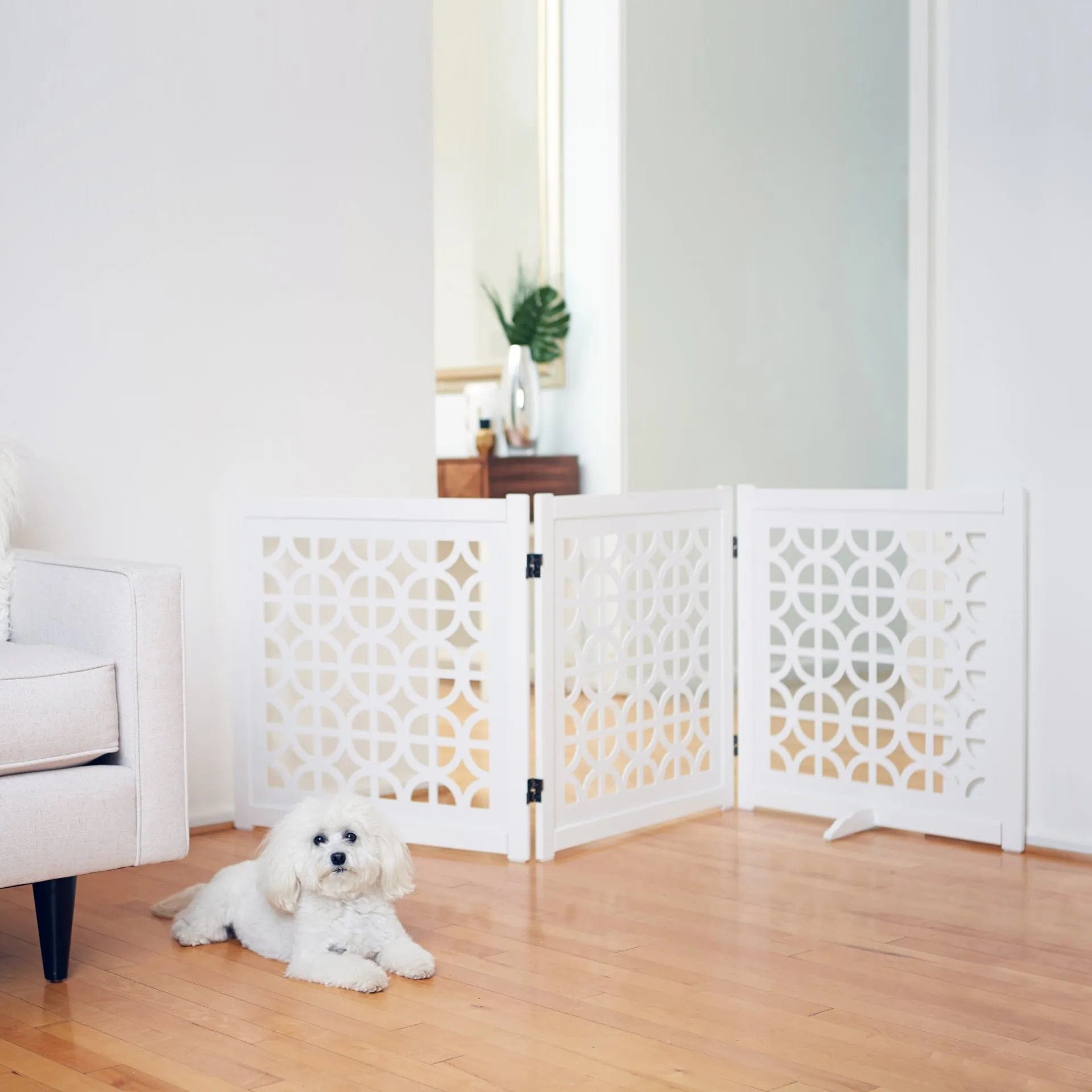 White Indoor Dog Gate for Home Decor - Adjustable 2 Height Options - Perfect for Living Room, Bedroom & Pet Safety Barriers