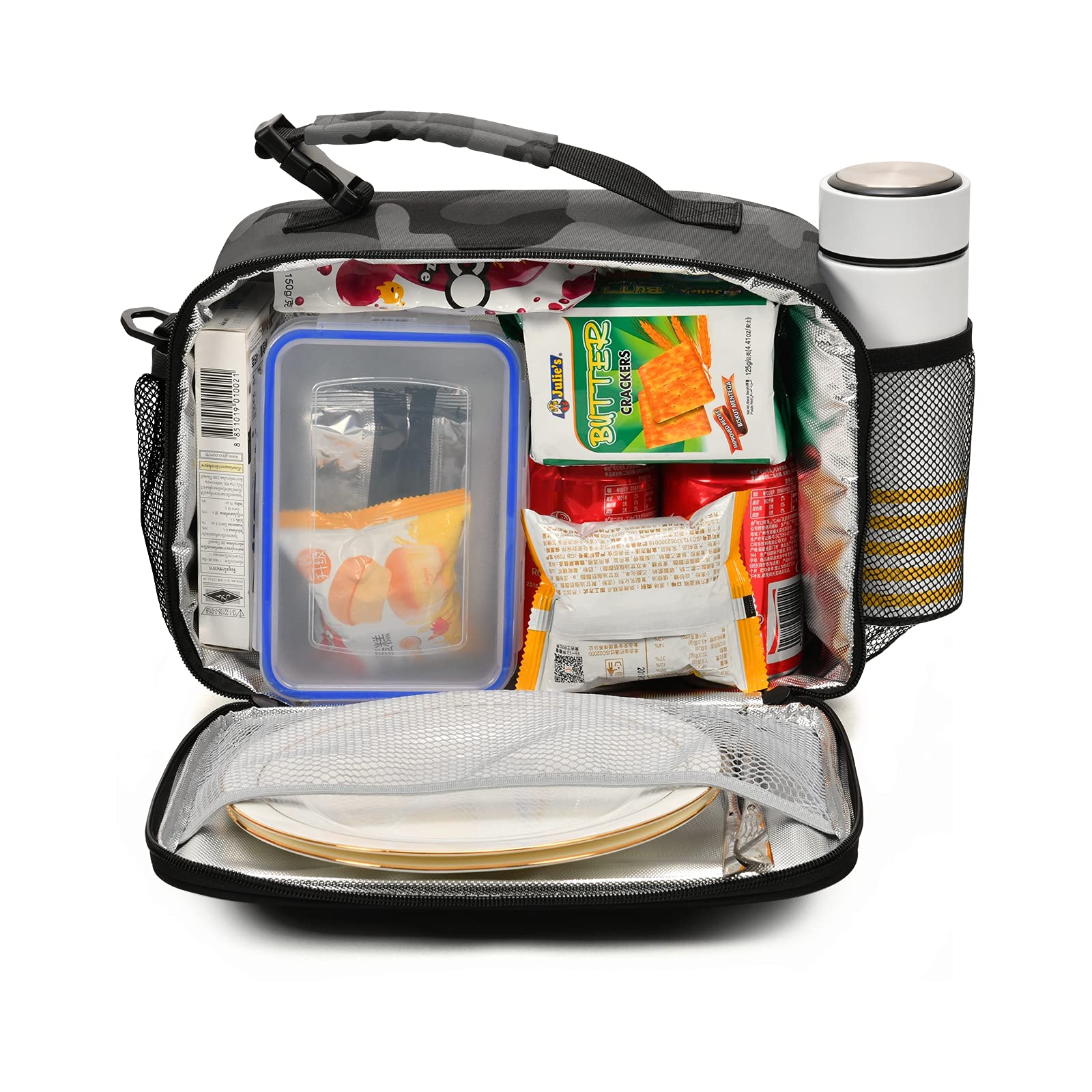 Xigua Insulated Lunch Bag with Detachable Shoulder Strap - Dark Black Monochrome Camo Cooler Tote for School, Office, Picnic & Travel | Leakproof Food Container for Men & Women | Perfect for Work Lunch, Beach Trips & Outdoor Activities