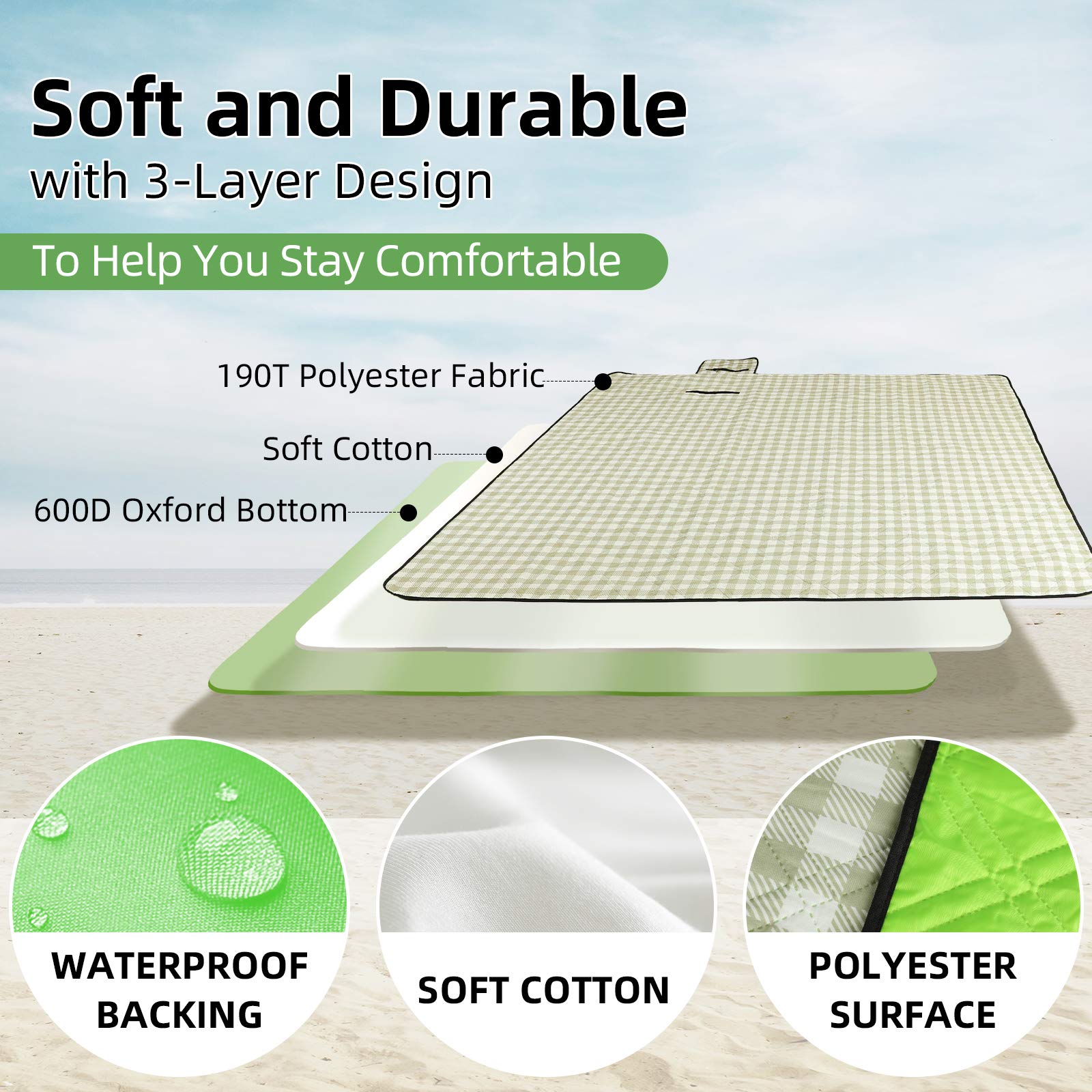 ZAZE Waterproof Extra Large Picnic Blanket - Foldable Beach Blanket for Outdoor, Camping & Park (5 Color Options) - Perfect for Beach Days, Picnics, Concerts and Backyard Gatherings
