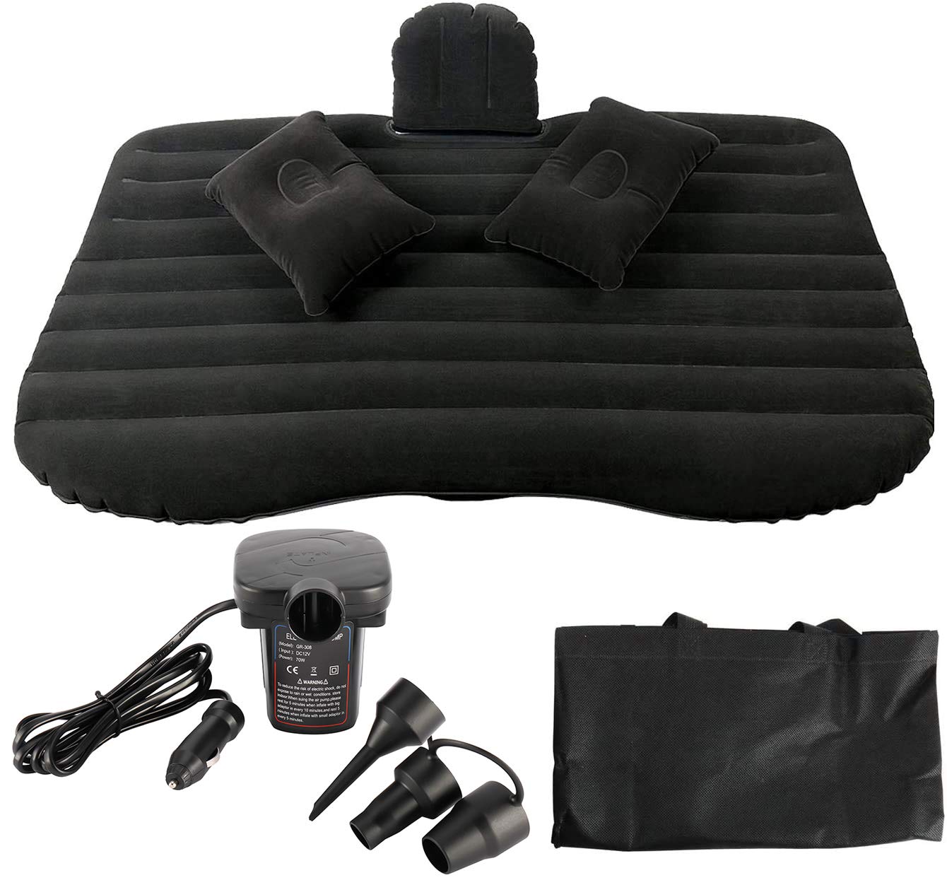 NovelBee Inflatable Air Mattress for Car Travel & Camping - Back Flocking Surface, Includes 2 Air Pillows, Pump & Carry Bag (Black) - Perfect for Road Trips, Outdoor Adventures & Guest Bedding