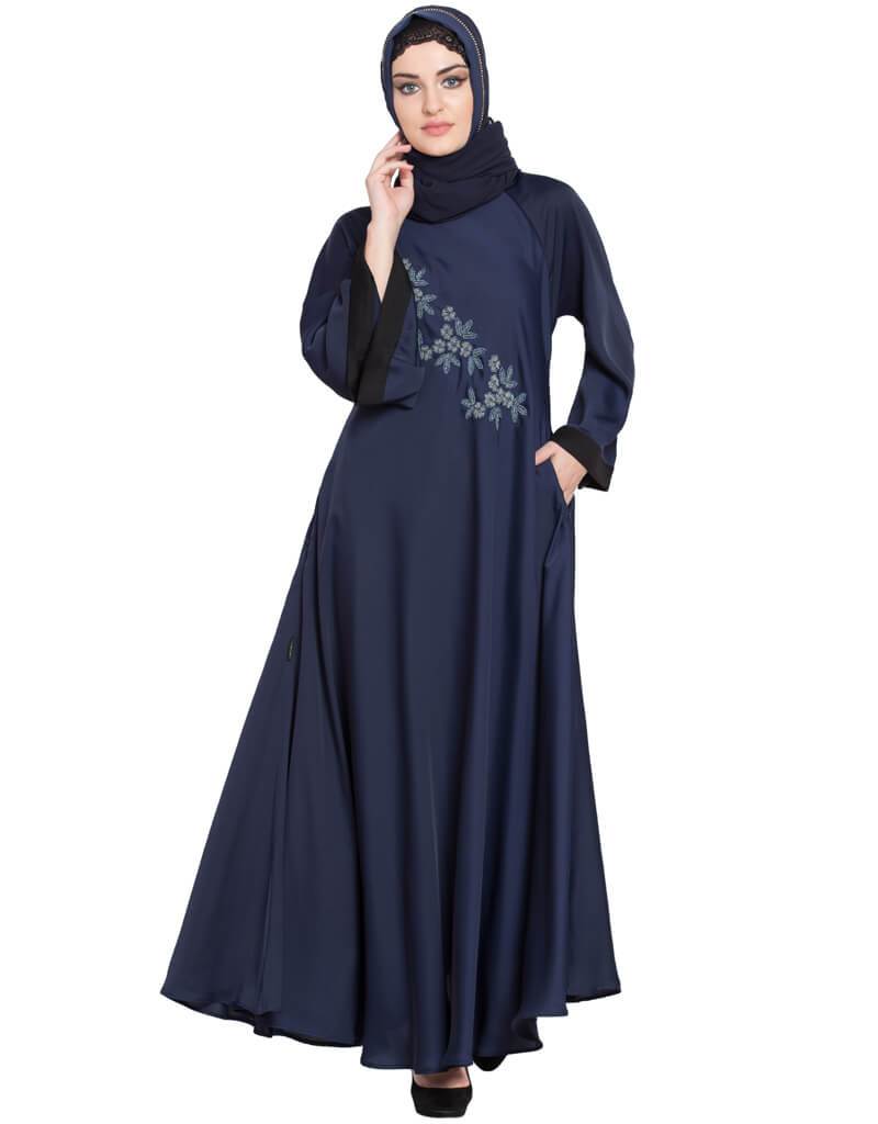 Hand Embroidered Arabic Umbrella Nida Abaya - Navy Blue Abaya Dress for Women | Perfect for Eid, Ramadan, Wedding & Special Occasions