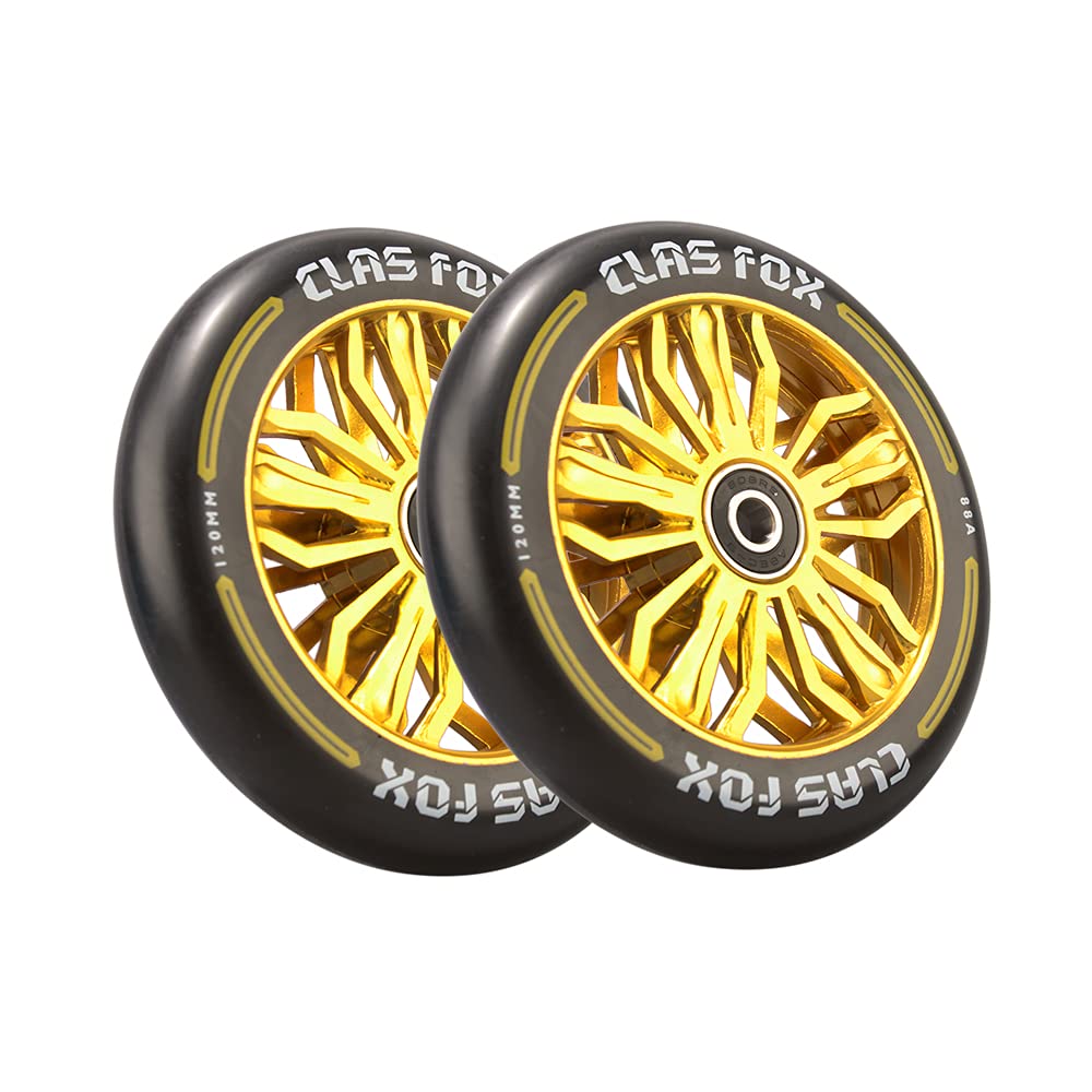 120mm Pro Scooter Wheels - Pair of 2 with Bearings (120x24mm) - High Performance Kids Scooter Replacement Parts in Black & Gold - Perfect for Tricks, Stunts & Street Riding