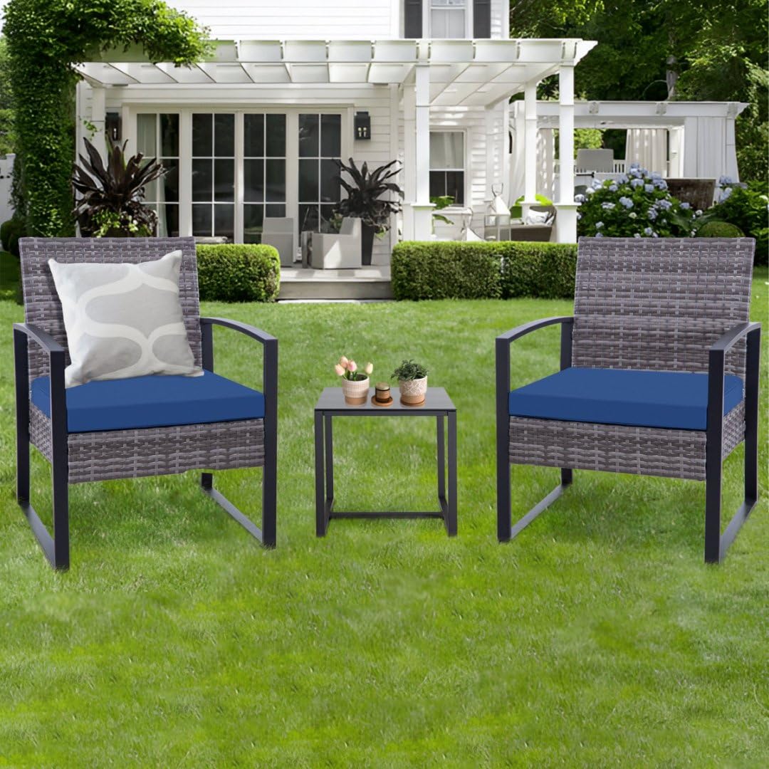3 Piece Patio Bistro Set - Outdoor Wicker Rattan Table and 2 Chairs for Balcony, Porch, Backyard, Poolside - Grey Wicker with Blue Cushions - Perfect for Small Spaces, Apartment Living & Relaxing Outdoors