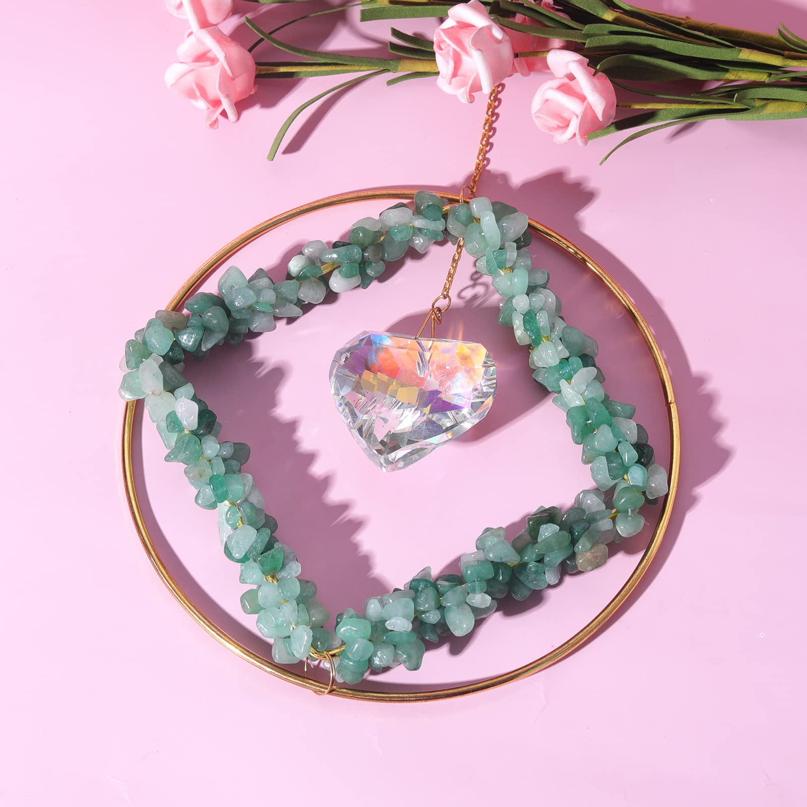 Natural Green Stone Suncatcher Crystal Heart Prism Pendant - Rainbow Maker Window Hanging Decor for Home, Garden & Gifts - Creates Stunning Light Reflections for Meditation & Relaxation Spaces