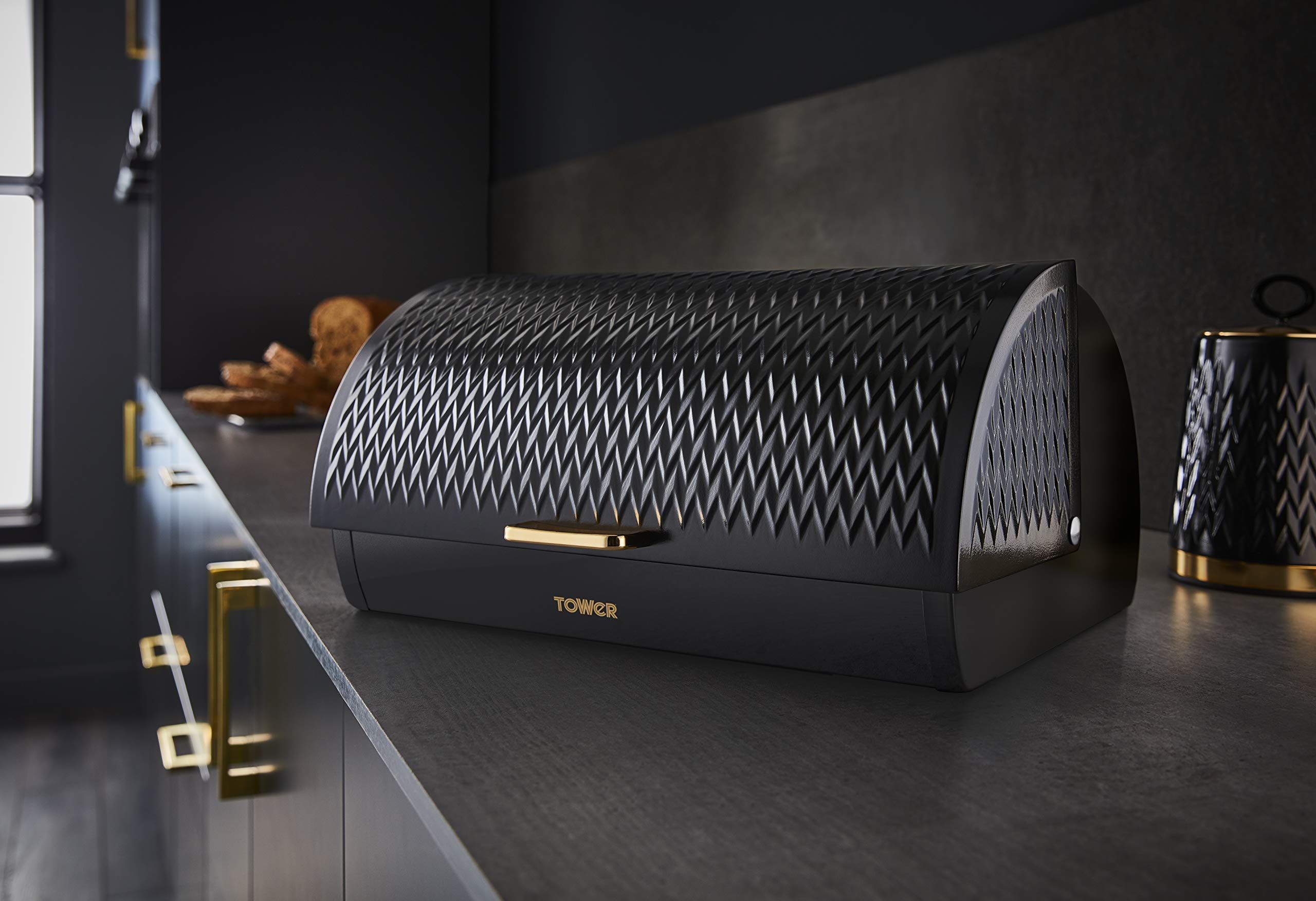 Empire Roll Top Bread Bin - Stainless Steel with Black & Brass Finish - Perfect for Kitchen Storage & Countertop Organization - Ideal for Bread, Pastries & Baked Goods