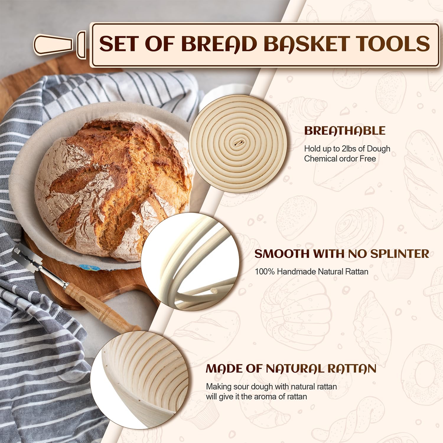 Premium Banneton Bread Proofing Basket Set of 2 - 9 Inch Round Sourdough Proofing Baskets with Dough Scraper, Danish Whisk & Bread Lame | Artisan Sourdough Baking Kit for Homemade Bread | Perfect for Bakers & Bread Making Enthusiasts