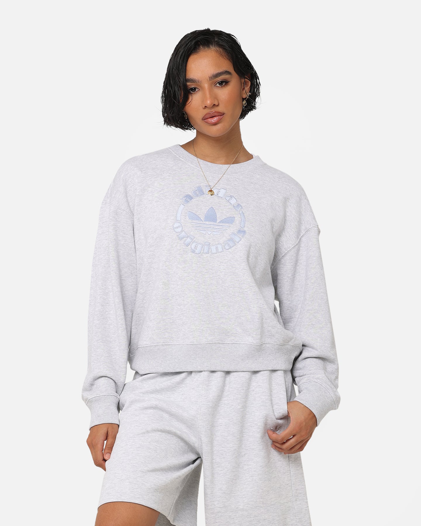 Adidas Women's Light Grey Fleece Sweatshirt - Soft Casual Pullover for Workout, Lounge & Everyday Wear