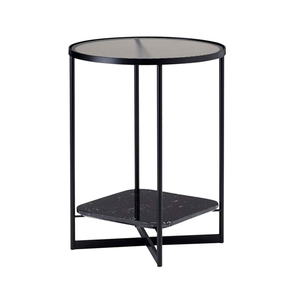 Round Glass Side Table - 36.5x36.5x47.5cm Wrought Iron Marble Base End Table, Nightstand or Sofa Accent Table in Black - Perfect for Living Room, Bedroom or Office Decor