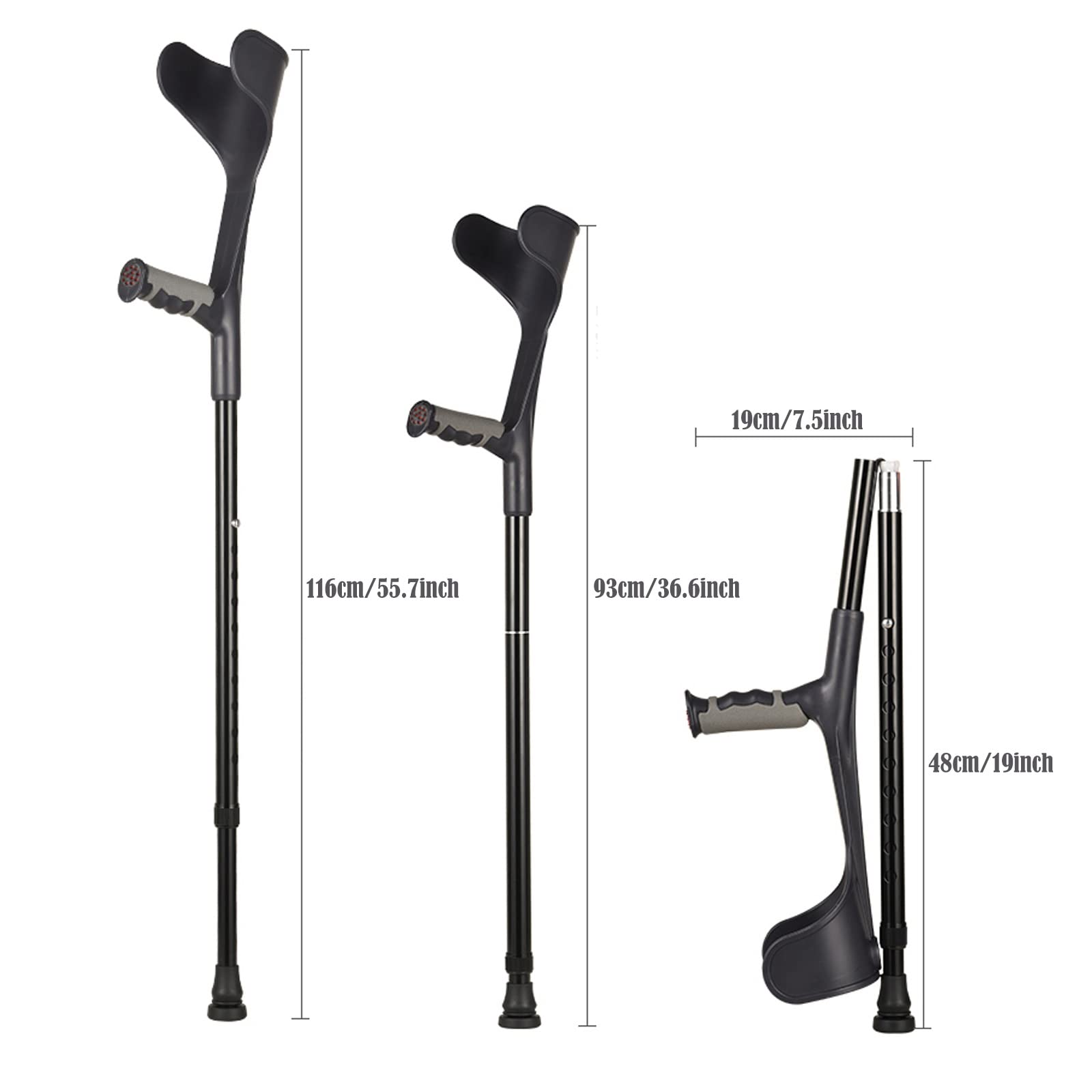 STXMY Ergonomic Folding Forearm Crutches for Adults - Lightweight Aluminum Arm Cuff Crutch (2 Pack, Open Cuff) - Heavy Duty Support for Standard & Tall Adults - Black - Perfect for Mobility Assistance, Injury Recovery & Daily Use