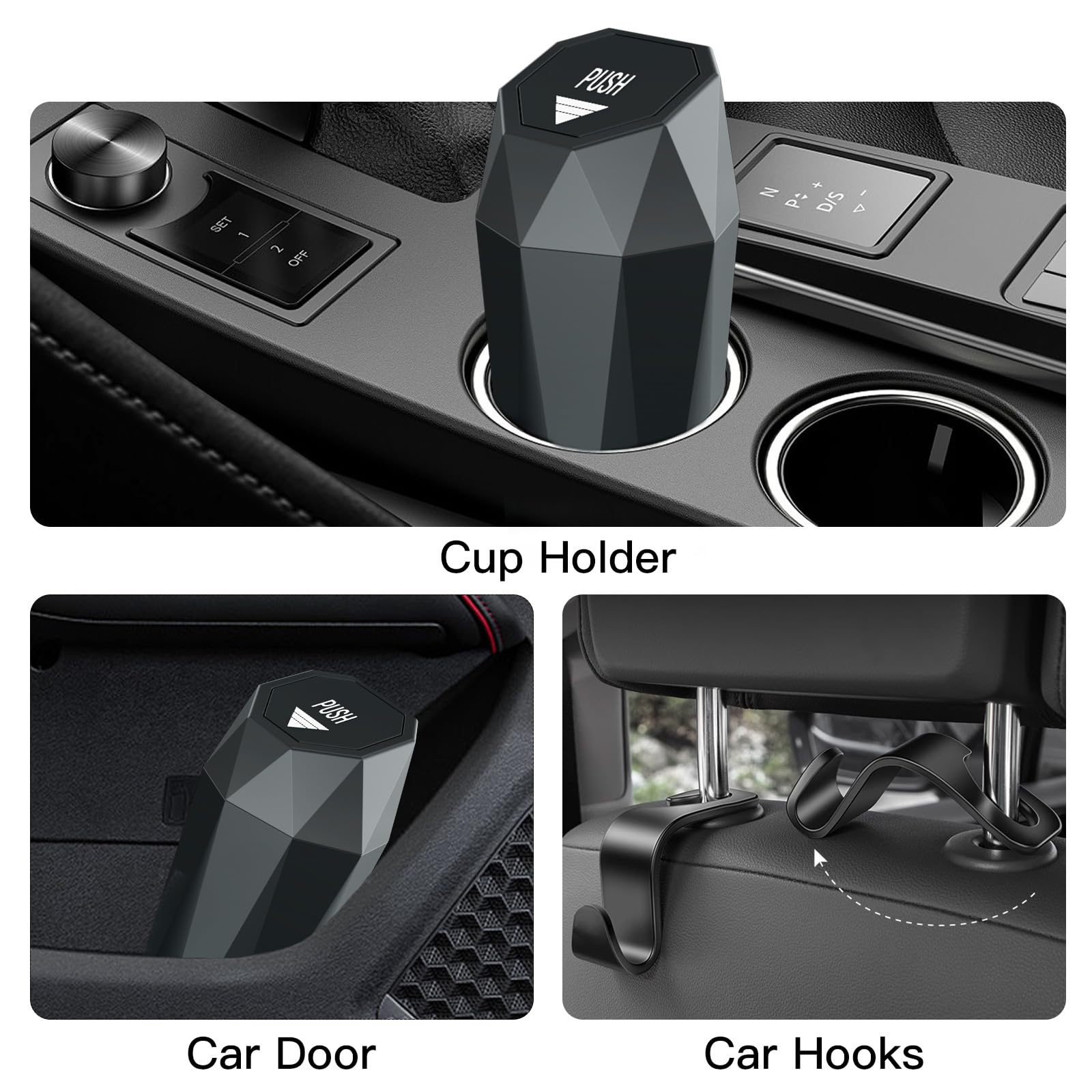 Leakproof Car Trash Can with Lid - Mini Interior Organizer with 90 Bags & 2 Hooks - Essential Auto Accessories for Road Trips, Commuting & Family Travel
