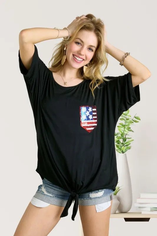 ADORA Sequin US Flag Pocketed Top for Women - Patriotic Fashion Blouse with Pockets - Perfect for 4th of July, Memorial Day & Independence Day Celebrations