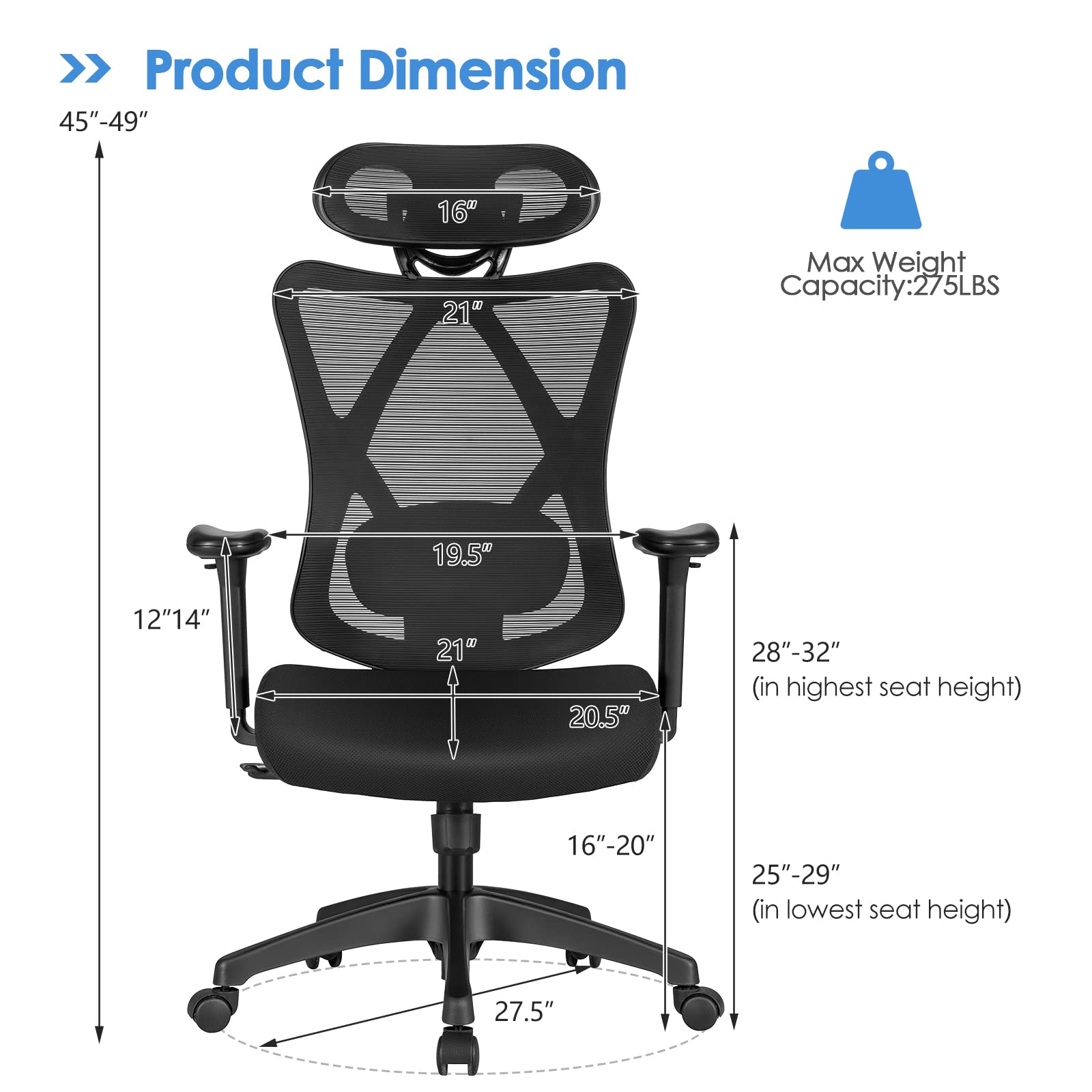 COSTWAY Ergonomic Executive Office Chair - High Back Mesh Computer Desk Chair with Adjustable Lumbar Support, Armrests & Headrest, Reclining Function - Swivel Task Chair for Home Office (Black) | Perfect for Long Work Hours & Remote Work Setup