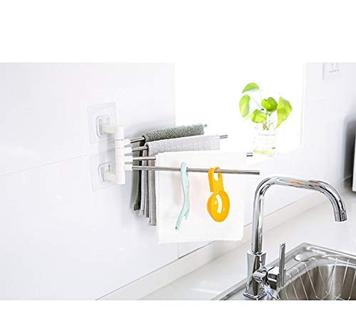 Stainless Steel Self-Adhesive 4-Arm Bathroom Swing Hanger Towel Rack - Space-Saving Bathroom & Kitchen Organizer for Towels, Robes & Accessories - Perfect for Small Bathrooms, Apartments & Dorm Rooms
