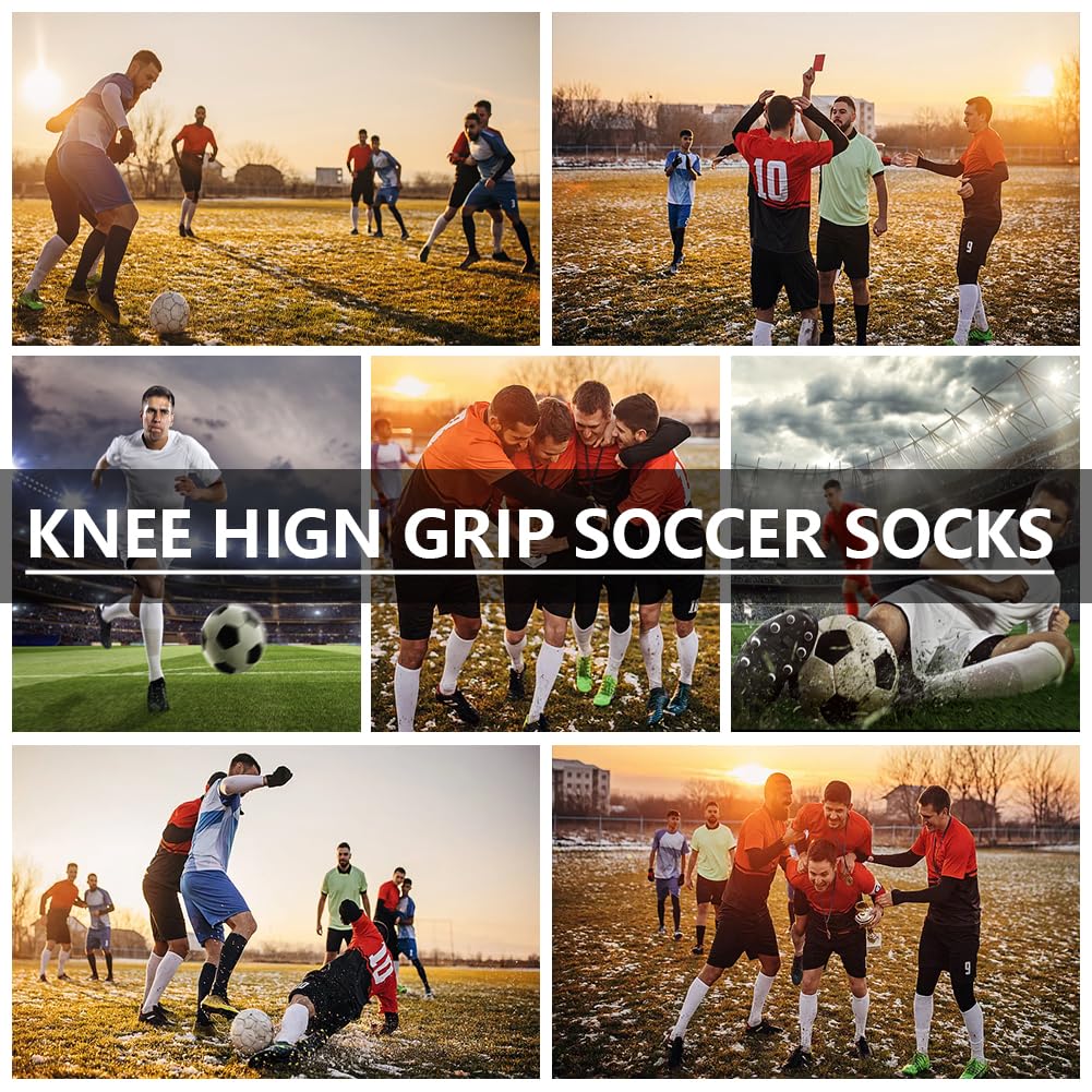 4 Pair Non-Slip Grip Soccer Socks for Men - Knee High Football Baseball Sports Socks with Anti-Slip Pads for Enhanced Performance on Field & Training