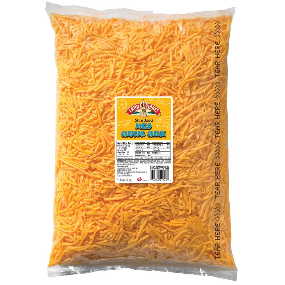Land O Lakes Shredded Mild Cheddar Cheese - 5 Pound Bag (4 Pack) | Perfect for Nachos, Tacos, Pizza & Casseroles | Bulk Shredded Cheese for Cooking & Baking