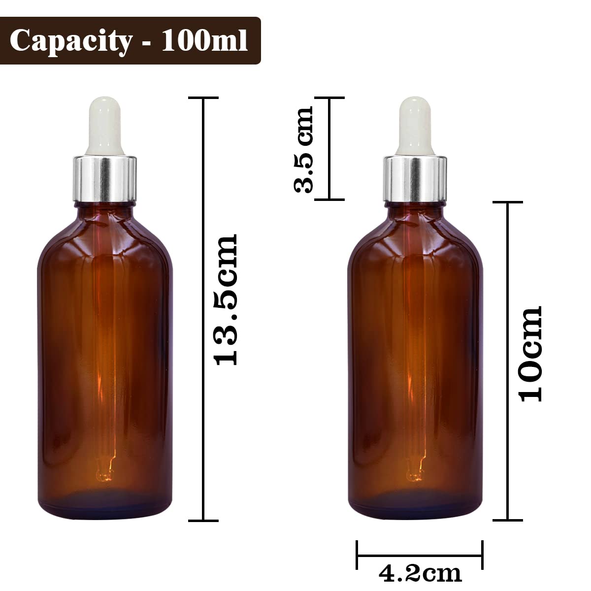 NSB Herbals 100ml Amber Round Empty Glass Bottle with Glass Dropper, Silver Ring & White Silicone Teat - Refillable for Essential Oils, DIY Perfumes, Aromatherapy (Pack of 12) | Perfect for Home Spa, Travel & Gift Sets