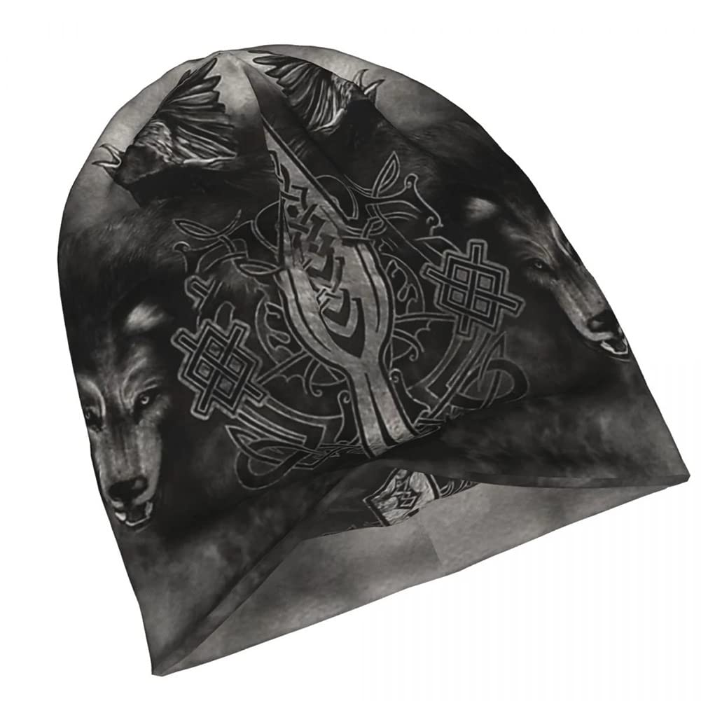 Vikings Beanie Hats - Fenrir Wolf & Odin Winter Skullies Knit Hat with Earmuffs for Men & Women - Warm Wool Cap for Outdoor Activities, Snowboarding, and Cold Weather Fashion
