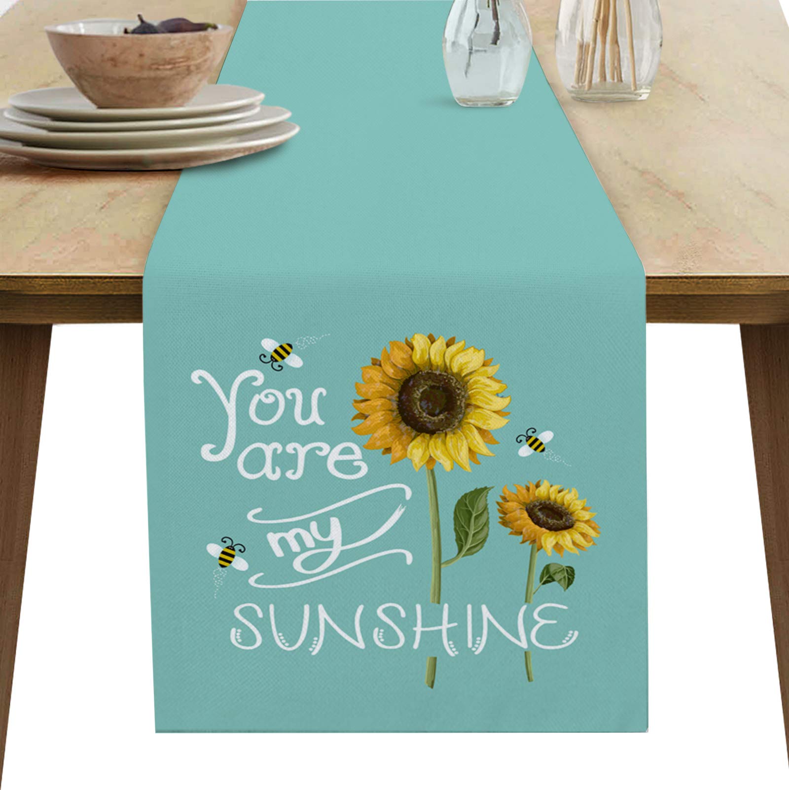70 Inch Yellow Sunflower Table Runner - Teal Green Summer Tablecloth for Round, Kitchen, Coffee & Dining Tables - Perfect for Living Room Decor & Sunshine-Themed Gatherings