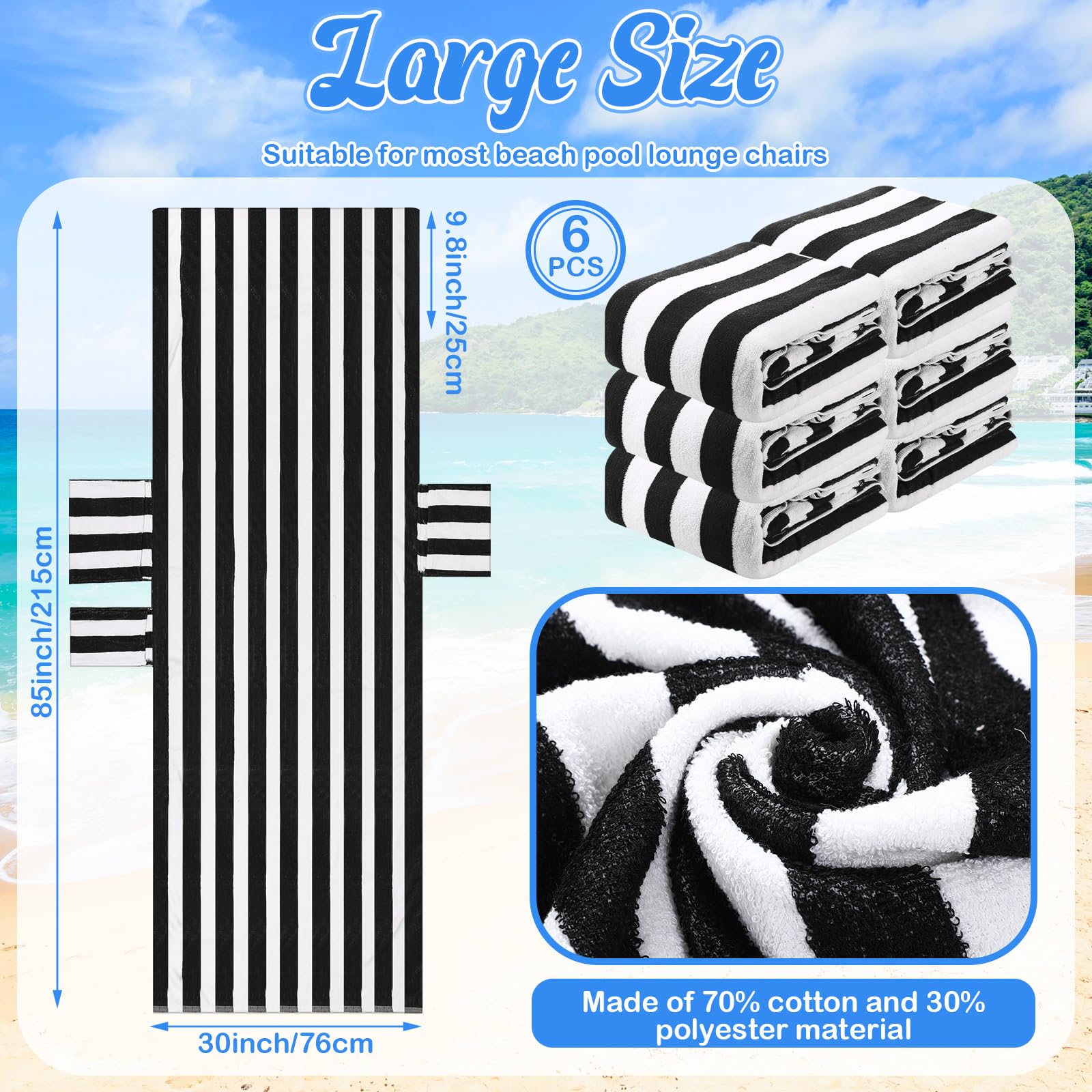 6-Pack Black Striped Pool Lounge Chair Covers 30