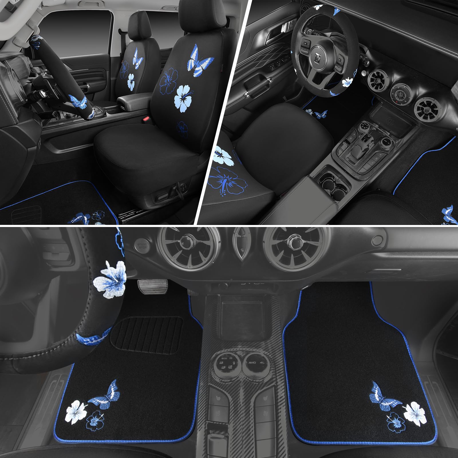 CAR PASS Blue Butterfly Car Seat Covers Full Set - Waterproof Embroidered Flower Car Floor Mats & Steering Wheel Cover - Universal Car Accessories Interior Set (Black & Blue) - Perfect for Sedans, SUVs & Trucks - Enhances Comfort & Protects Vehicle Interior
