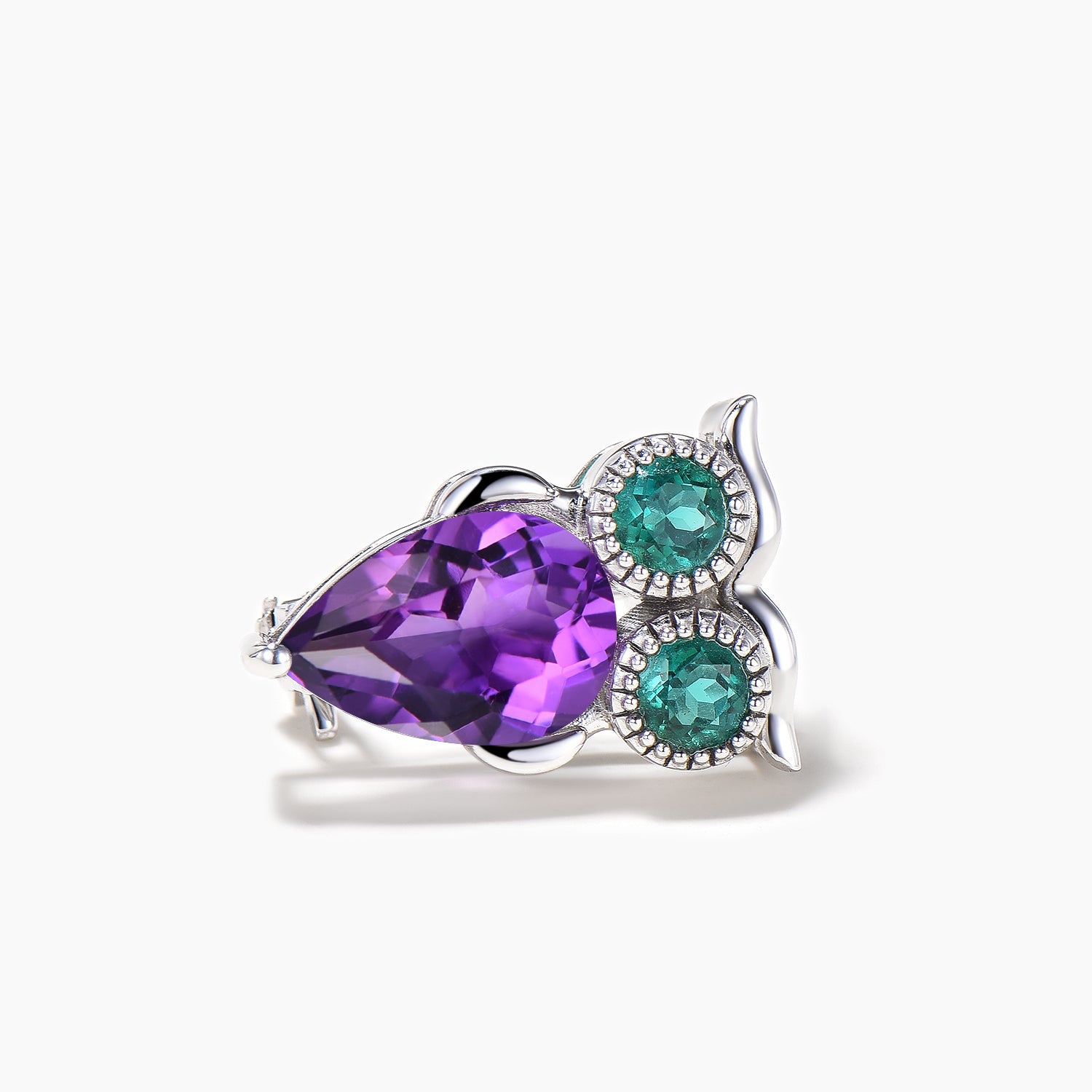 Natural Amethyst Teardrop Cut Round Emerald Owl Brooch in White Gold - Elegant Jewelry Gift for Women, Perfect for Weddings & Special Occasions