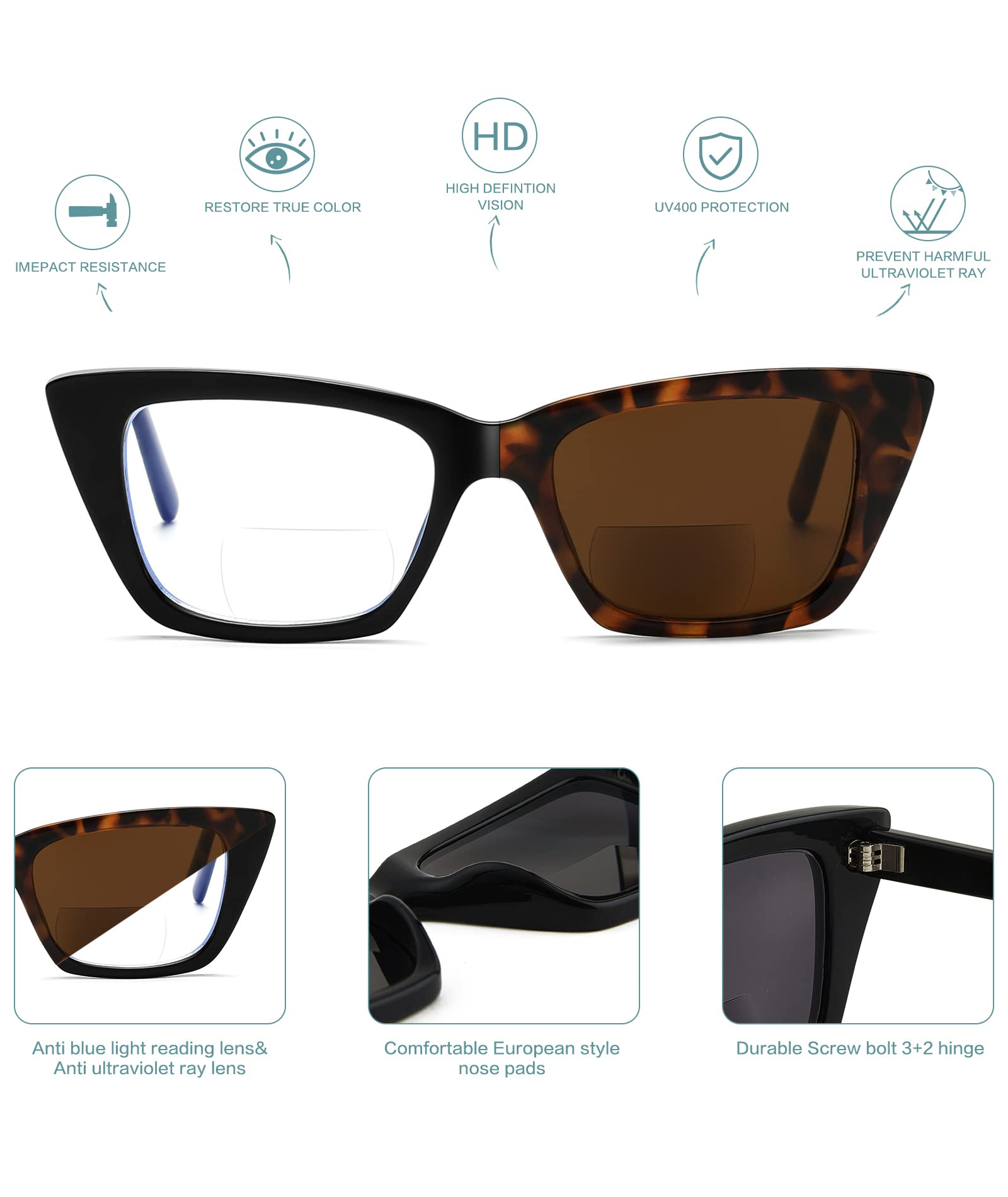 Bifocal Reading Glasses for Women - Oversized Cat Eye Blue Light Blocking Computer Glasses, Stylish Lightweight Fashion Eyewear for Reading, Office Work & Screen Time