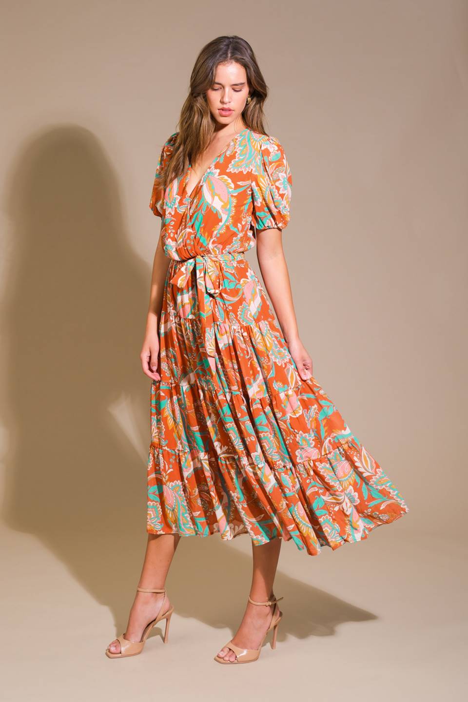 Stylish Rust Woven Midi Dress - Flattering A-Line Summer Dress for Women | Perfect for Beach Vacations, Date Nights & Office Wear