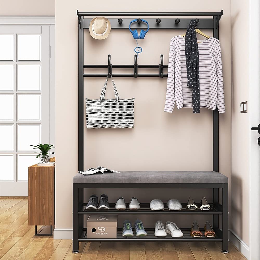 3-in-1 Entryway Hall Tree with Shoe Rack, Coat Hooks & Umbrella Holder - 100CM Carbon Steel Frame Bench with Top Shelf - Space Saving Organizer for Small Apartments & Mudrooms (Black) - Perfect for Entryway Storage, Shoe Organization & Winter Gear Display
