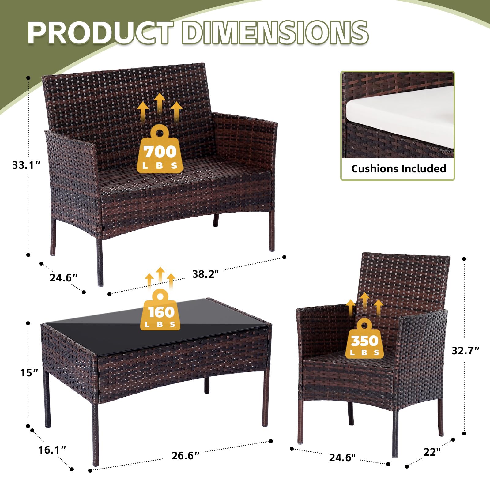 4-Piece Patio Furniture Set with Thick Cushions - Outdoor Wicker Sectional Sofa, Table & Chairs for Backyard, Garden, Poolside or Porch | Durable Brown Rattan Conversation Set for Relaxing & Entertaining