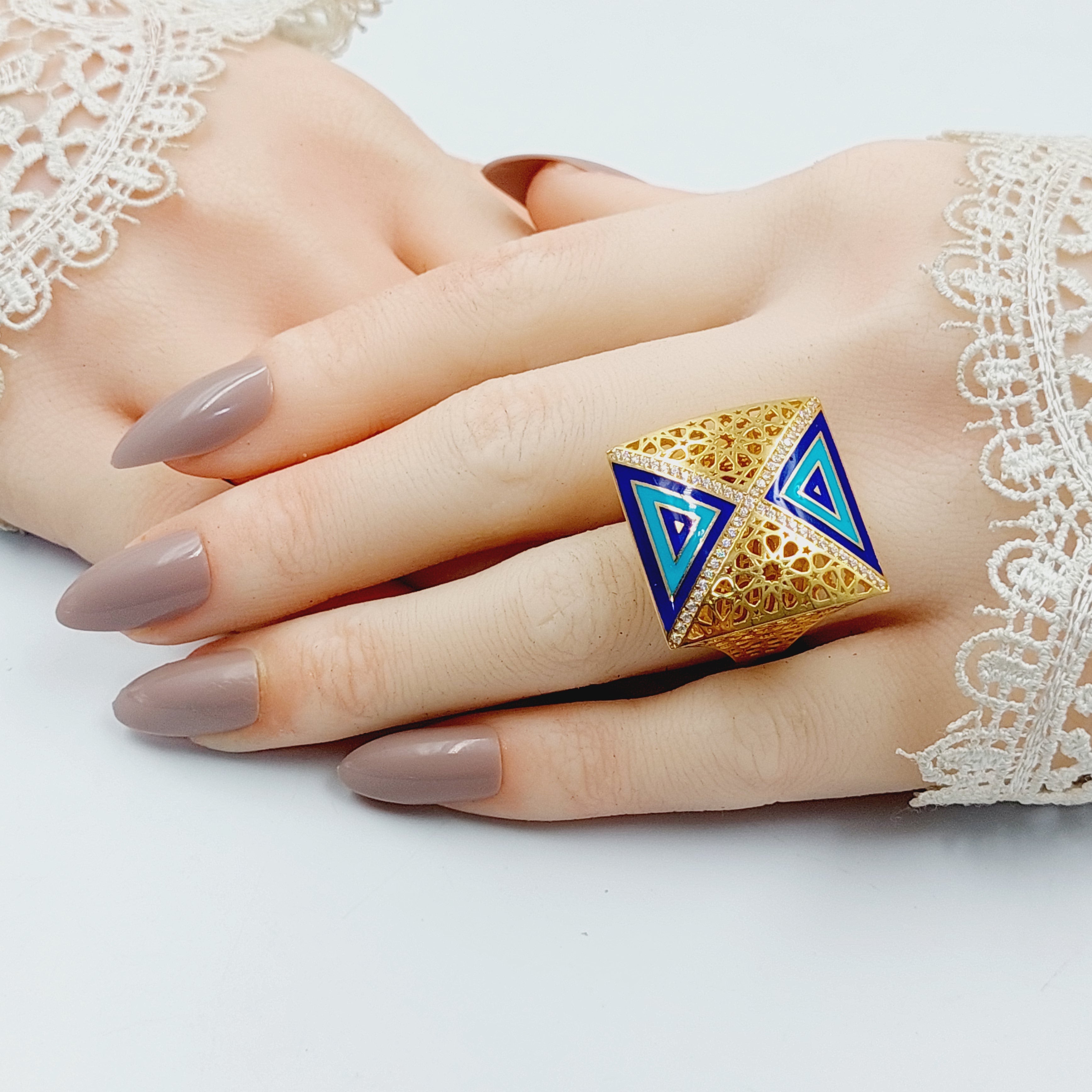 Enameled & Zircon Studded Pyramid Ring for Women - Gothic Punk Jewelry - Perfect for Parties, Concerts & Fashion Statements